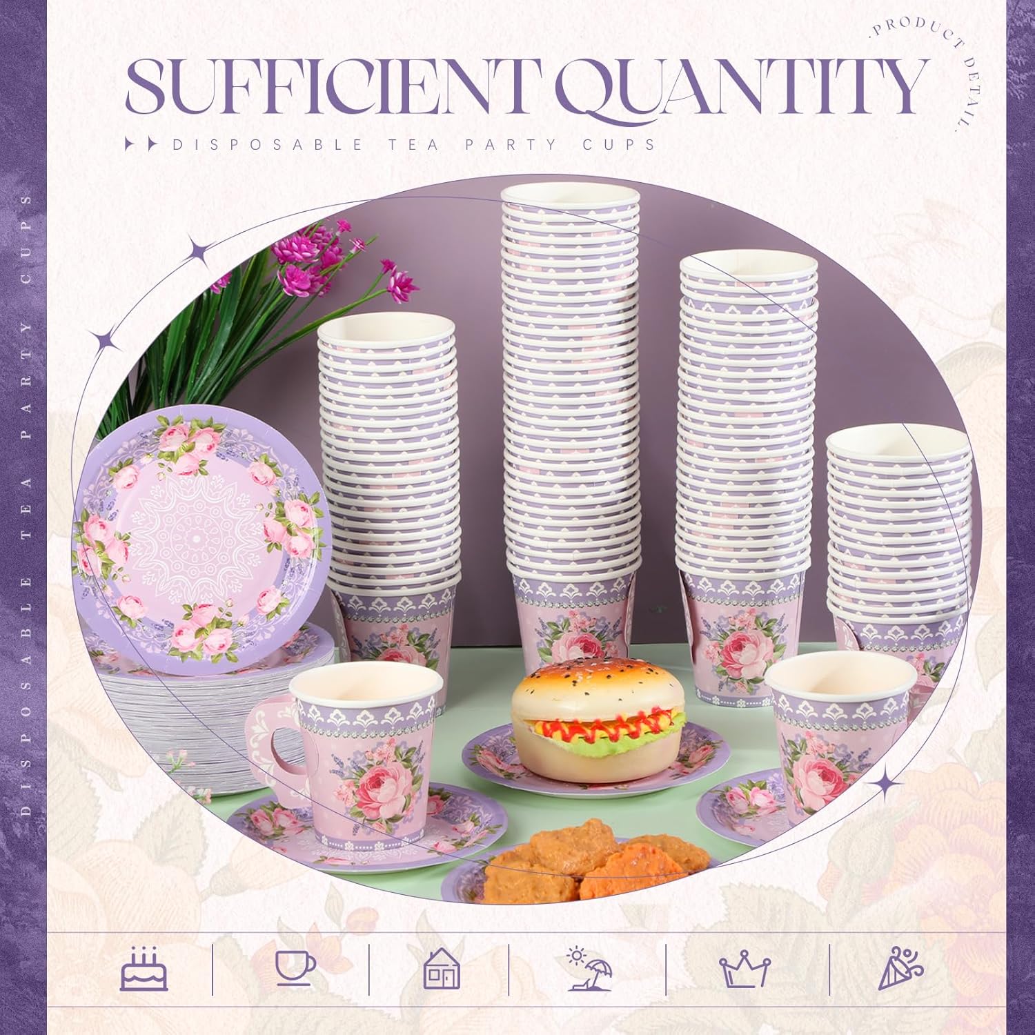 Nuogo 200 Pcs Floral Paper Tea Cups and Saucers 7 oz Disposable Tea Party Decorations Vintage Cute Paper Tea Cups and Plates with Handles for Wedding Baby Bridal Shower Birthday, Serve 100 (Purple)