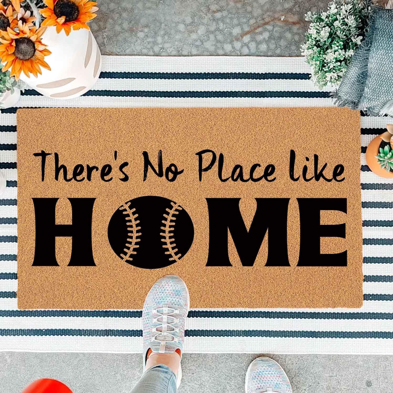 Funny Baseball Doormat Outdoor/Indoor - There's No Place Like Home Baseball Decorative Welcome Mat, 29.5" x 17" Non-Slip Rubber Backing, Durable Coir-Style Entryway Rug for Baseball Fans, Sports Decor