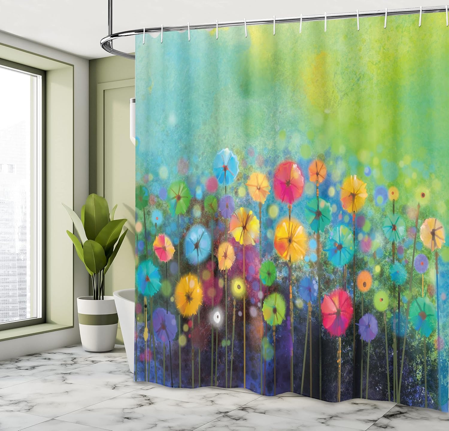 Ambesonne Flower Shower Curtain, Dandelions Featured in Garden Brushstrokes Watercolored Abstract Landscape Art, Cloth Fabric Bathroom Decor Set with Hooks, 69" W x 70" L, Lime Green Sky Blue Coral