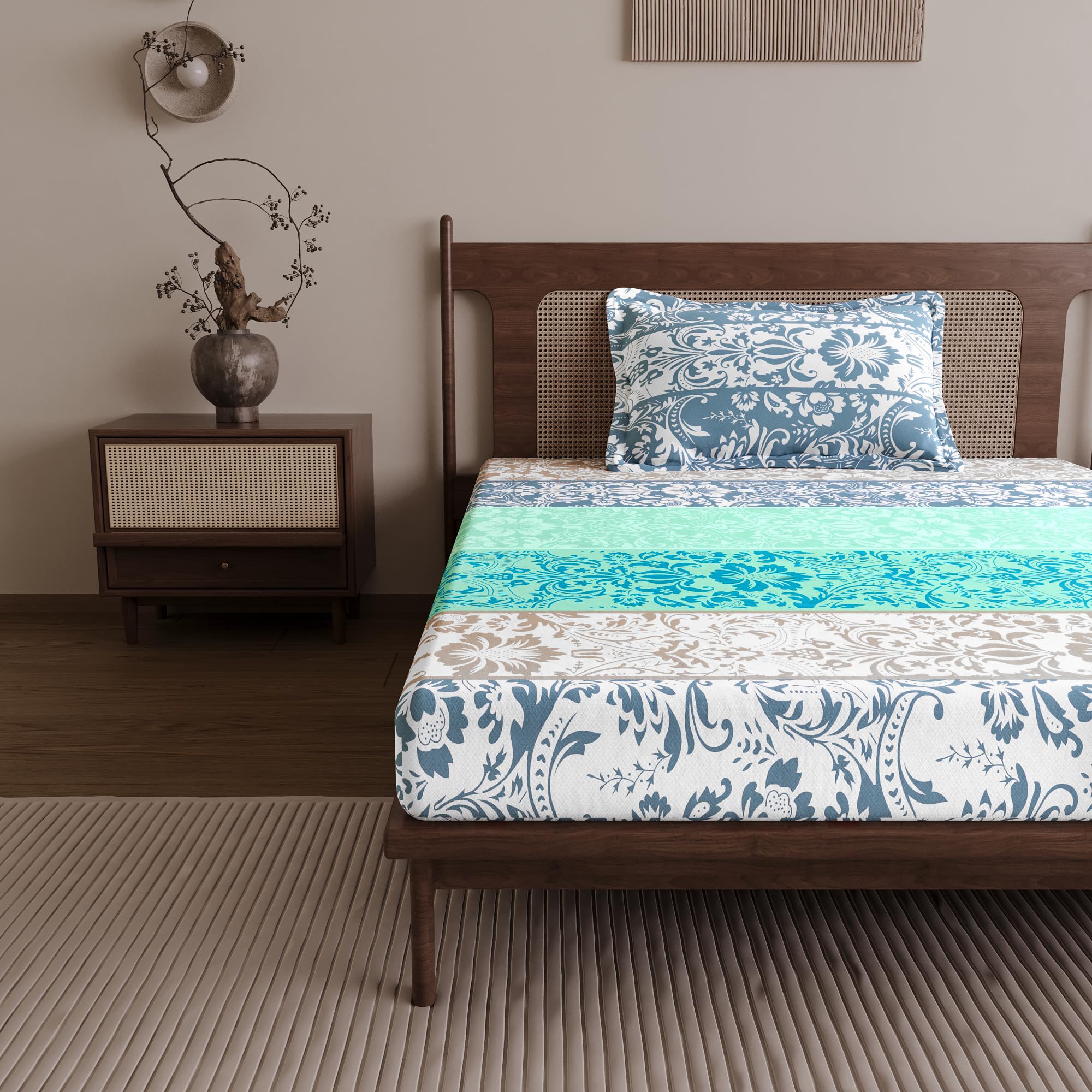Divine Casa 144 TC 100% Cotton Single Bedsheet with 1 Pillow Cover | Soft Breathable Wrinkle Free Bed Sheet Set | Printed Bedding for Bedroom | 145 x 223 cm (Cream & Sky Blue, Floral) 2
