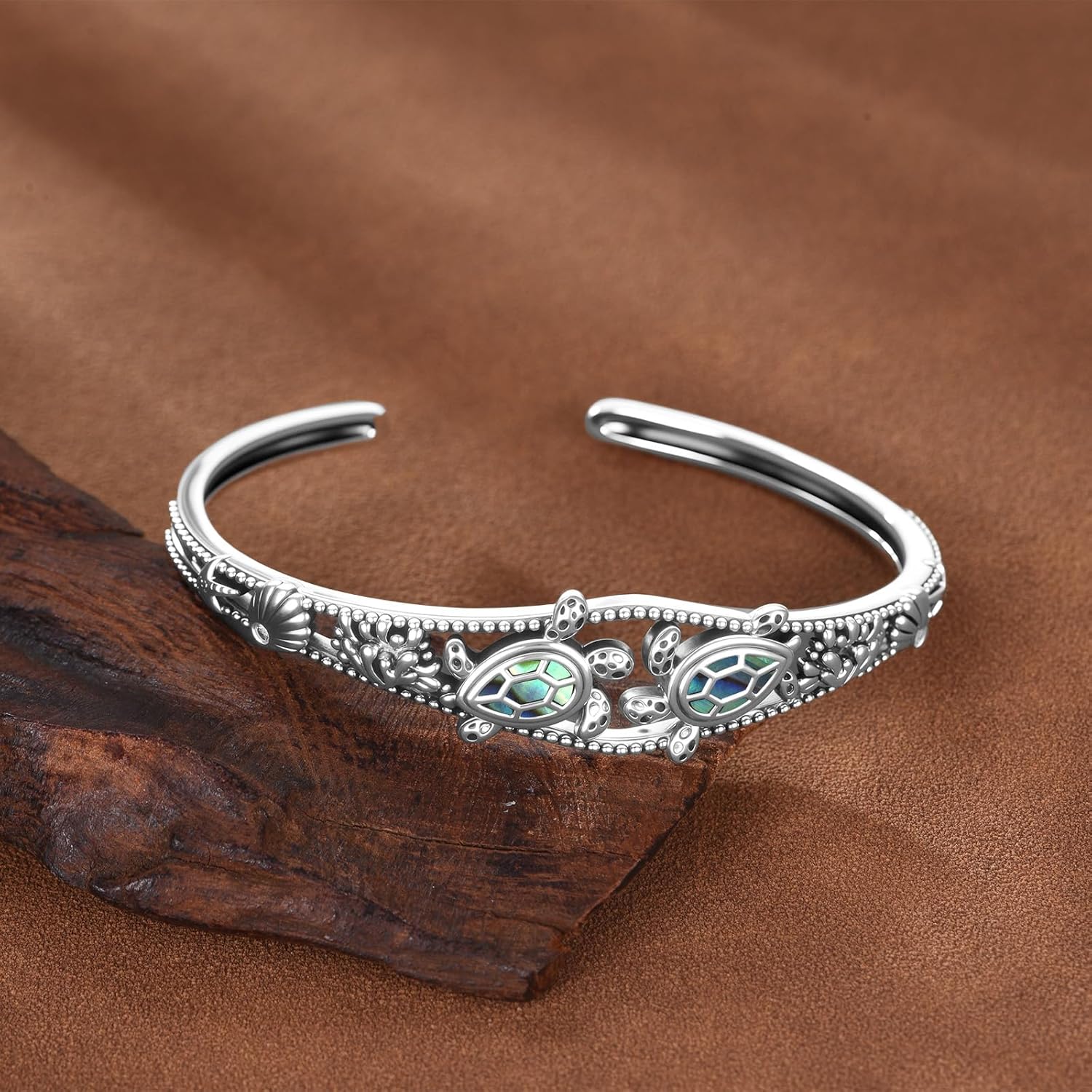 Abalone Sea Turtle Cuff Bracelet for Women, Sterling Silver Adjustable Boho Bangle, Ocean Beach Theme Mother of Pearl Jewelry Gift