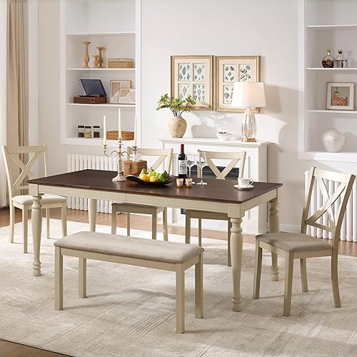 Miniatura 10 de AMERLIFE Juego de mesa de comedor de 6 piezas, mesa de madera maciza de 60 pulgadas, 4 sillas y banco tapizados, acabado blanco rústico y nogal,