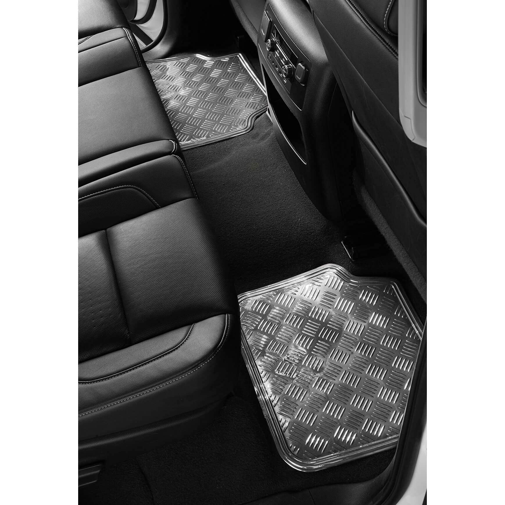 S SUMEX Alfombrillas de Coche Diseño Metálico, 4 Piezas 2 Delanteras y 2 Traseras, SUV, Furgonetas, Coches, Alfombrillas de Protección para Todo Tipo de Clima de Alta Resistencia, Acabado Silver