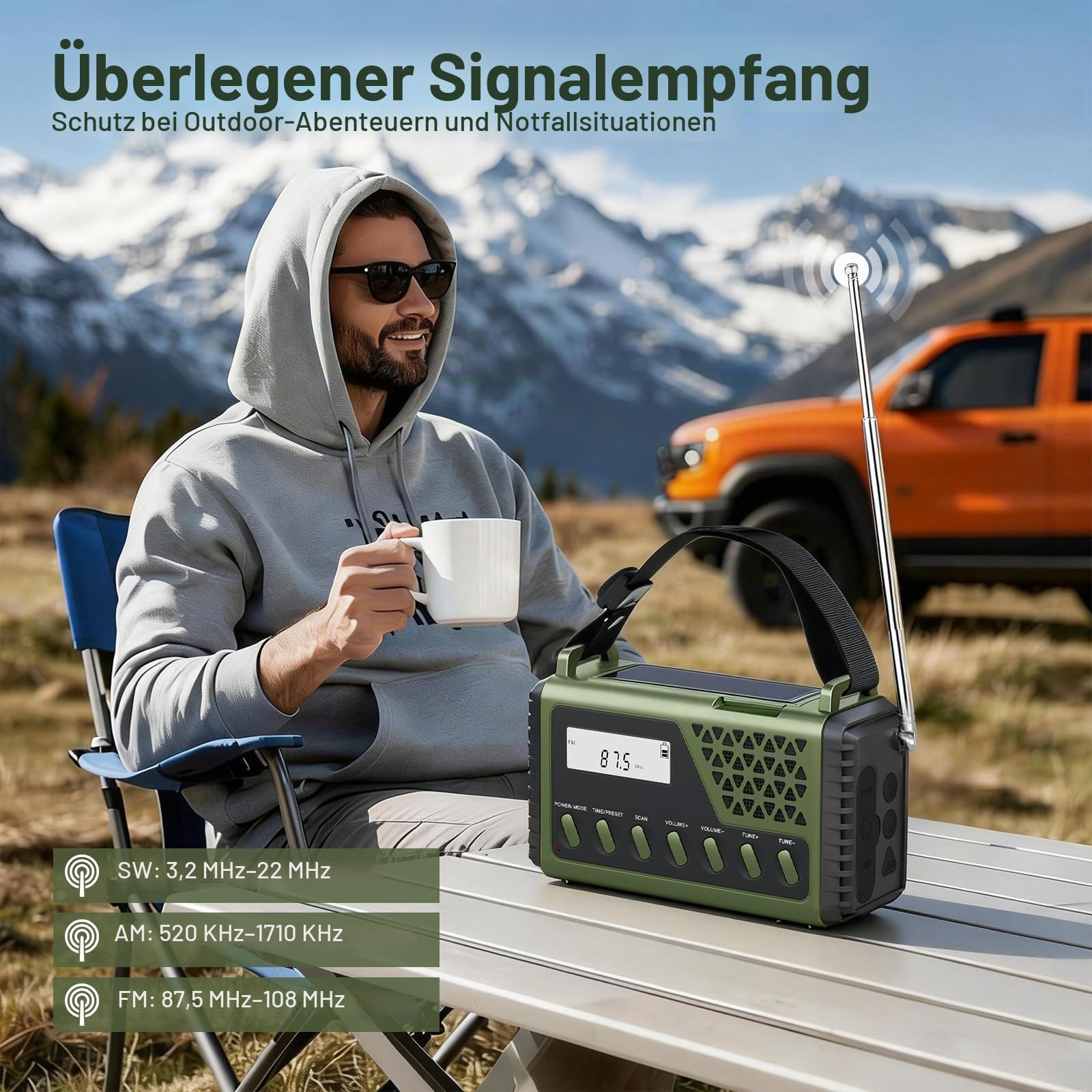 Gemmac Solar Kurbelradio mit Bluetooth, AM/FM/SW Notfallradio mit 10000mAh USB Powerbank, Radio Batteriebetrieben mit SOS Alarm Kompass LED-Taschenlampe Leselampe für Stromausfall, Überleben, Camping