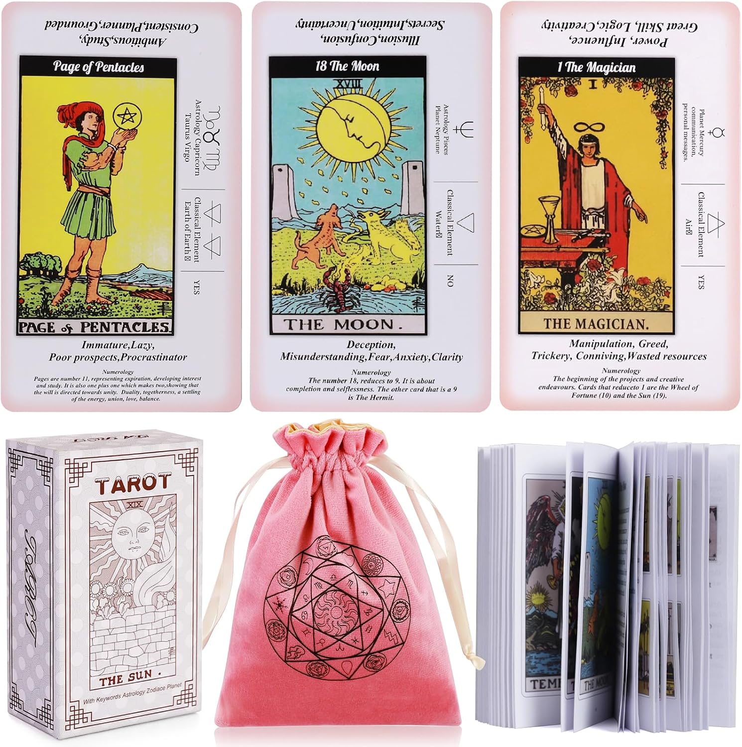 Erbacan Beginner Tarot Cards Deck-Tarot Cards with Meanings on Them-Tarot Deck with Guidebook -Learning Tarot Cards Deck-Tarot Card Velvet Storage Bag
