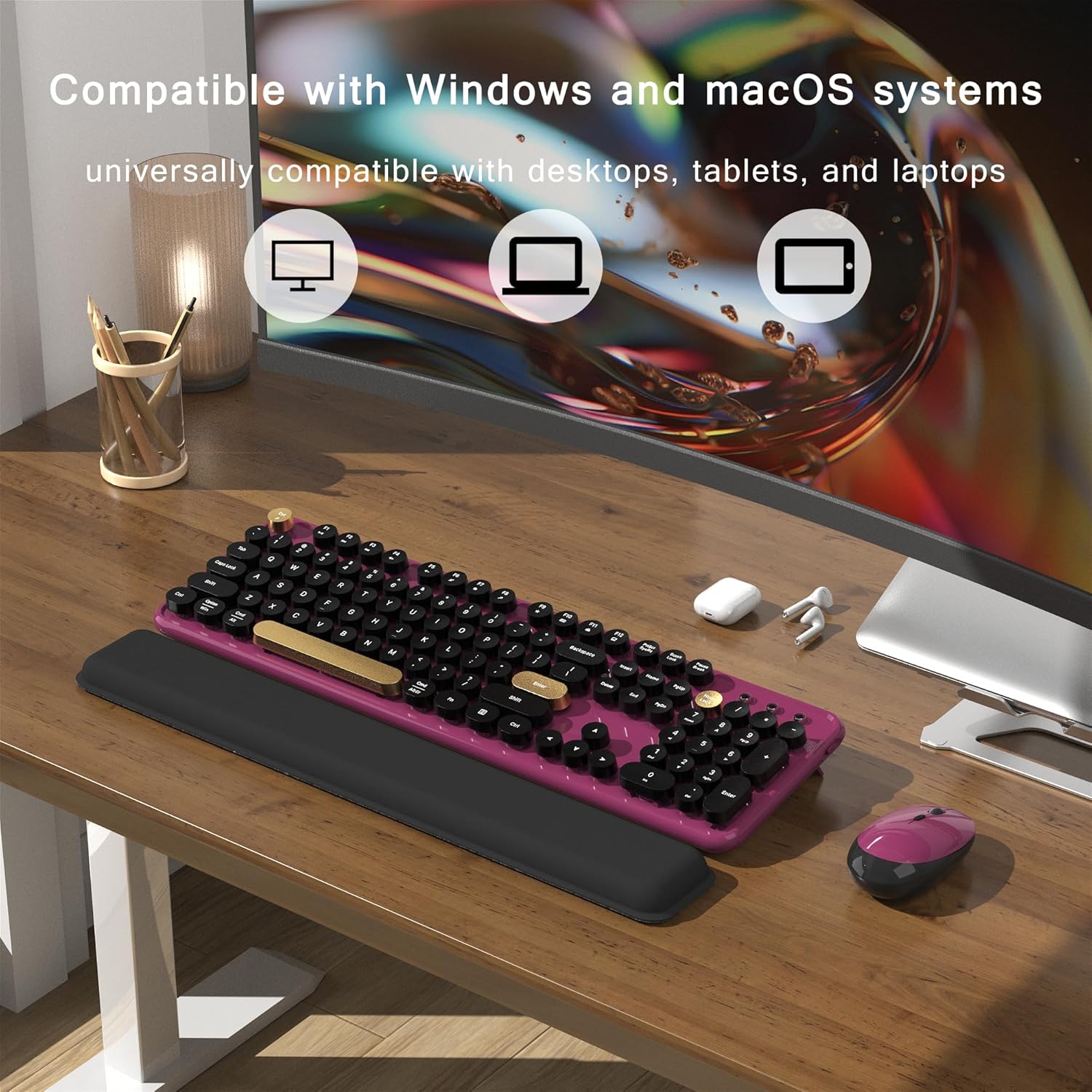 Colorful Wireless Computer Keyboard and Mouse Combo with Round Typewriter Keycaps, Retro Design, Power Switch, Ergonomic Design, 2.4GHz Wireless for Windows, Mac, PC（Black-Claret） - Image 3