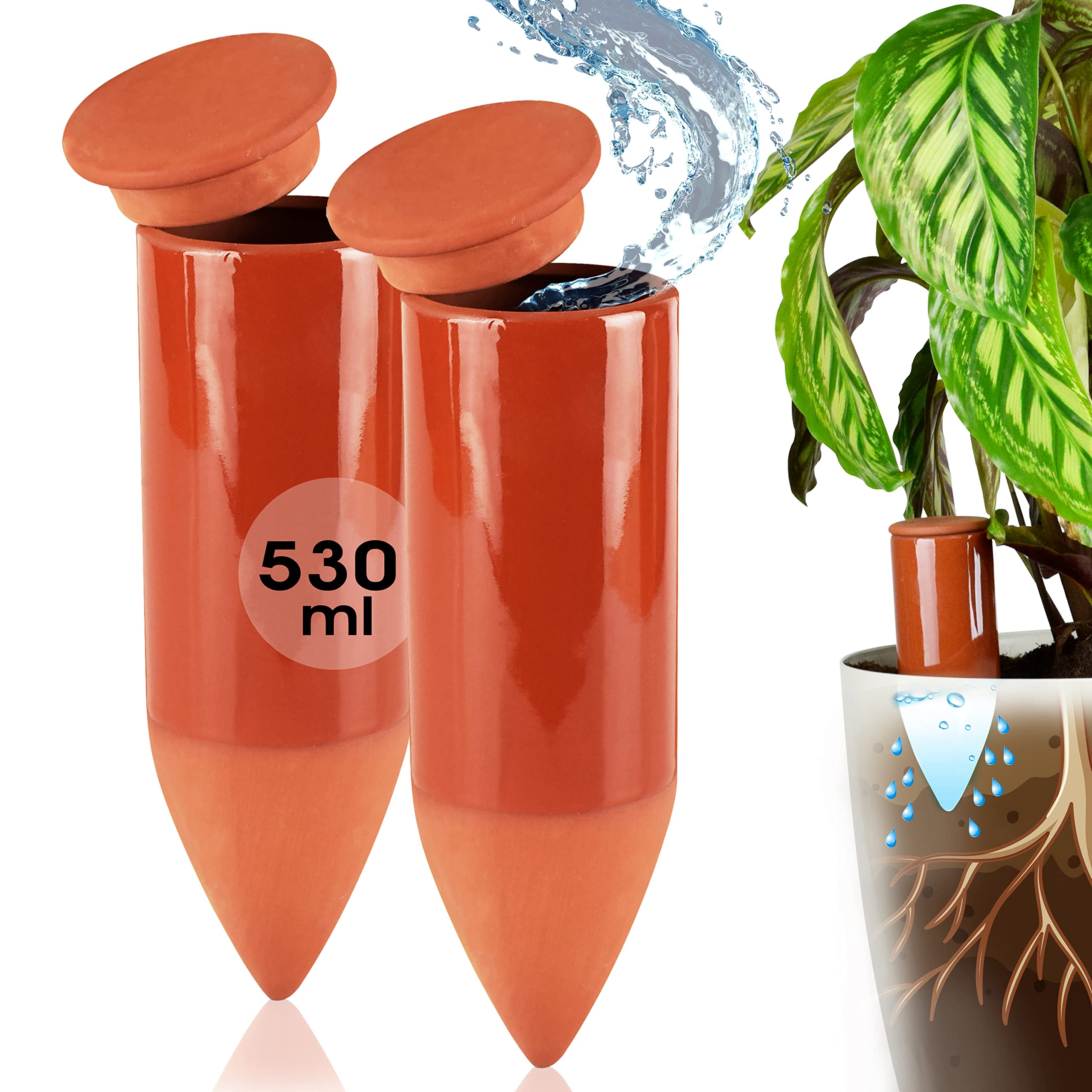 Arrosoir en terre cuite (2 x 530 ml) fait à la main pour arroser les plantes d'intérieur | Indicateur de niveau d'eau pour plantes | Watering can | Arrosoir pour plantes d'intérieur