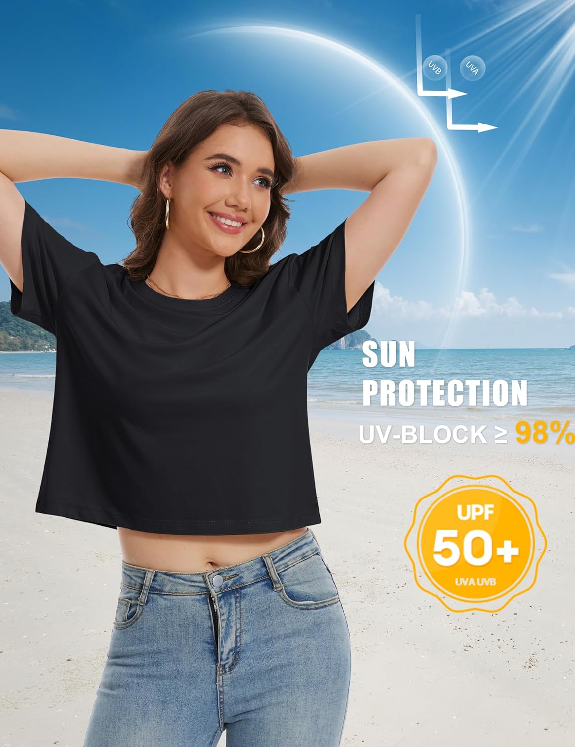 YUCOLEN Women's Crop Tops Summer Short Sleeve Cotton UPF 50+ Round Neck Casual Loose Cropped T-Shirts Solid Basic Tees - Image 4