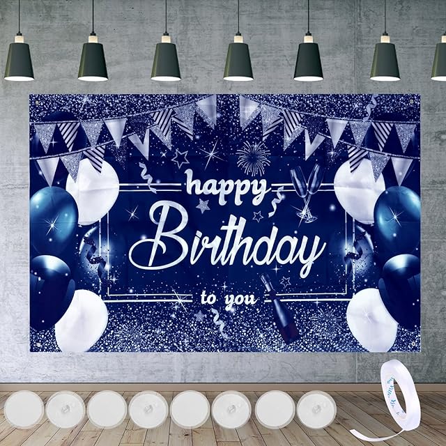 Happy Birthday Backdrop Banners, Large Black Gold Birthday Party Backdrop Sign Poster Photo Booth Backdrop for Men Women Birthday Party Decorations, with Ribbons and Hooks, 70.87 * 45.28 inch