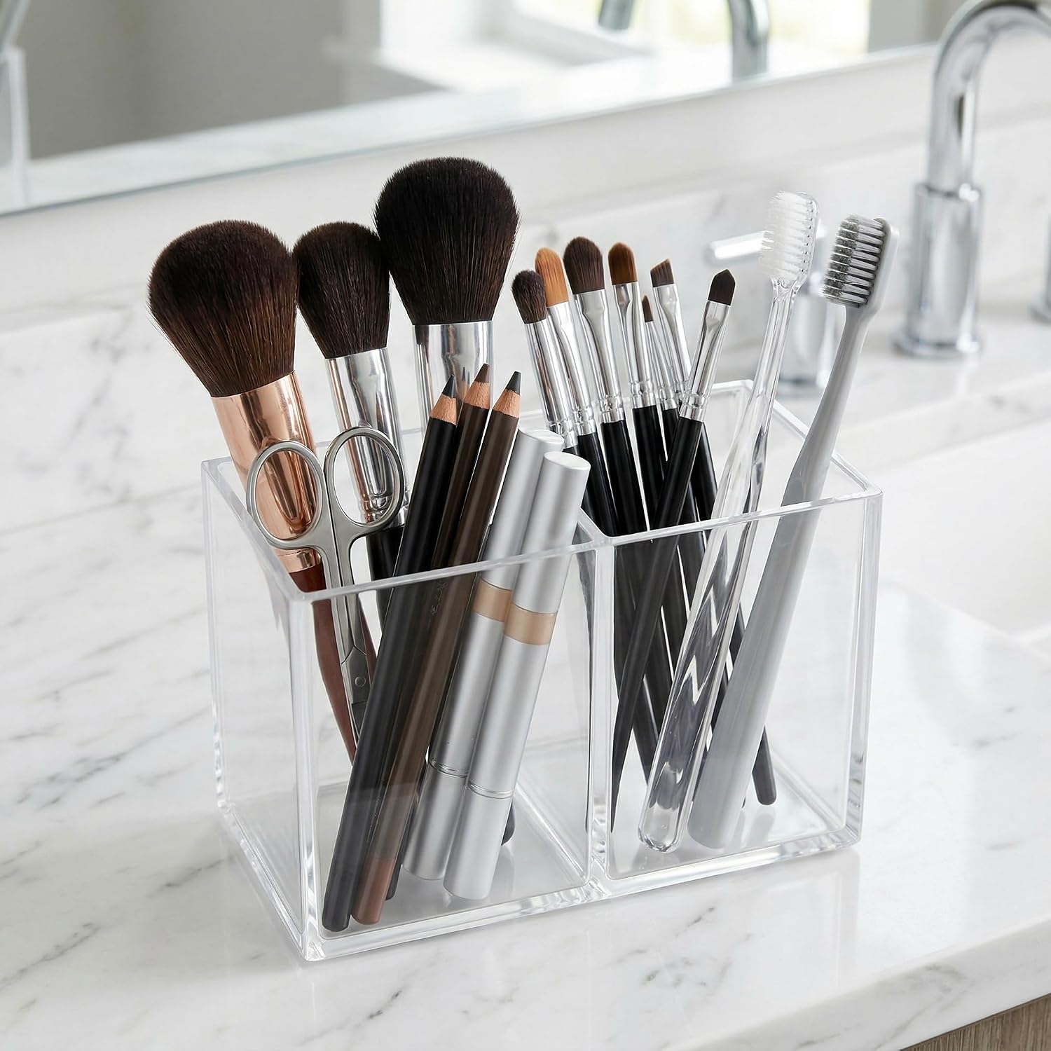 Clear Acrylic Makeup Brush Holder, 2 Compartment Organizer for Makeup Brushes, Scissors, Eyeliners, Pens and Toothbrushes, Vanity Storage Holder for Office, Bedroom and Bathroom