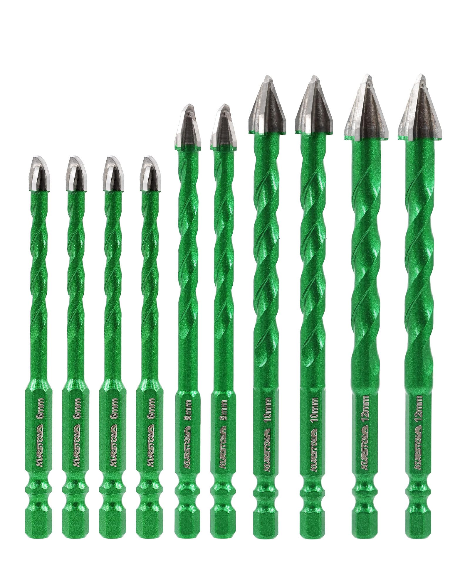 KURSTOL Masonry Drill Bit Set, 10pcs 6 * 4/8 * 2/10 * 2/12mm*2 Carbide Eccentric Drill Bit Quick Change Shank for Masonry Concrete Glass Ceramic Tile Wood Plastic