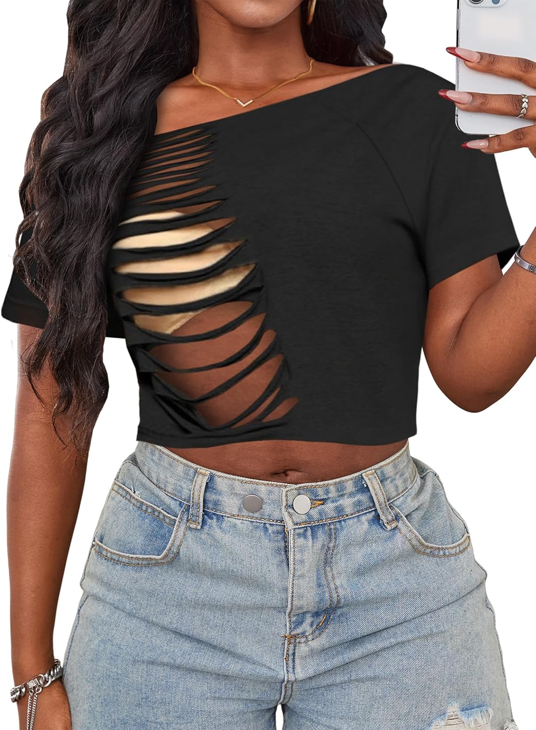 Hilinker Women Off The Shoulder Crop Tops Sexy Cut Out Ripped Short Sleeve Cropped T Shirts - Image 3