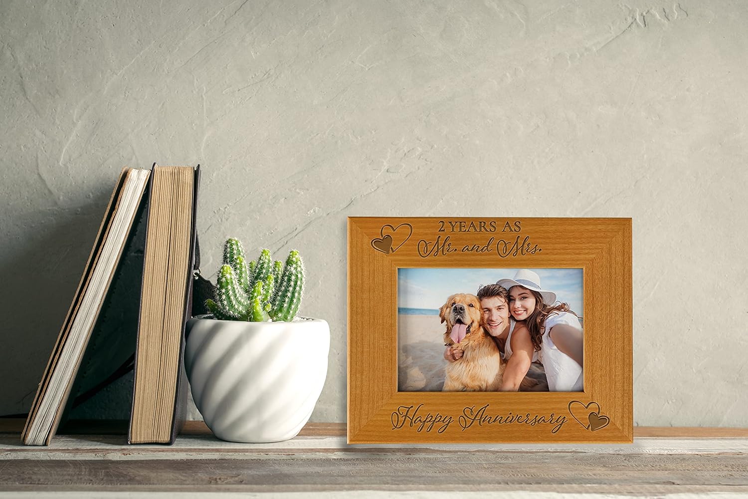 Our 2nd Wedding Anniversary Picture Frame - 2 Year Anniversary, 2 Year of Marriage, Engraved Natural Wood Photo Frame Fits a 4x6 Horizontal Portrait, Tabletop or Hanging Wedding Picture Frame