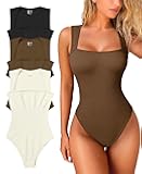 Women's 3 Piece Bodysuits Sexy Ribbed Strappy Square Neck Sleeveless Tummy Control Tank Tops Bodysuits