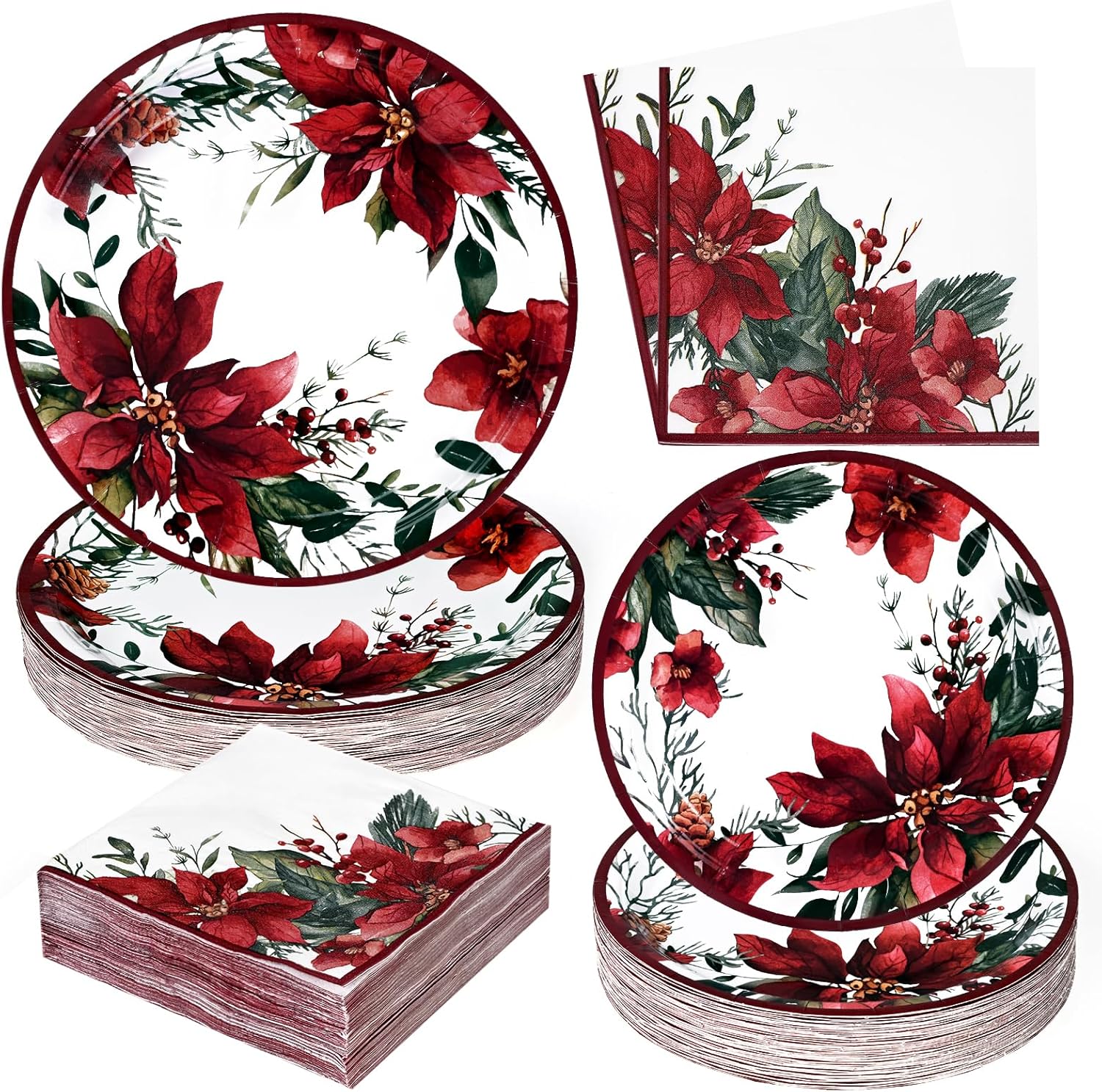 Homlouue Poinsettia Themed Christmas Party Supplies, Watercolor Poinsettia Christmas Paper Plates and Napkins for Christmas Wedding Party Decor New Year, Holiday Paper Plates Serves 50 Guests