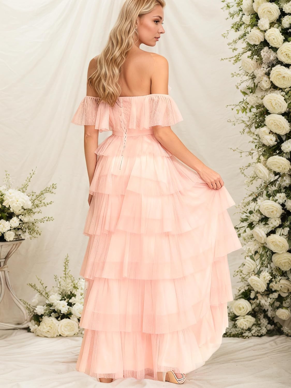 Tiered Tulle Maternity Photoshoot Dresses with Sleeves Long Off Shoulder Pregnancy Dress Puffy Robe for Baby Shower