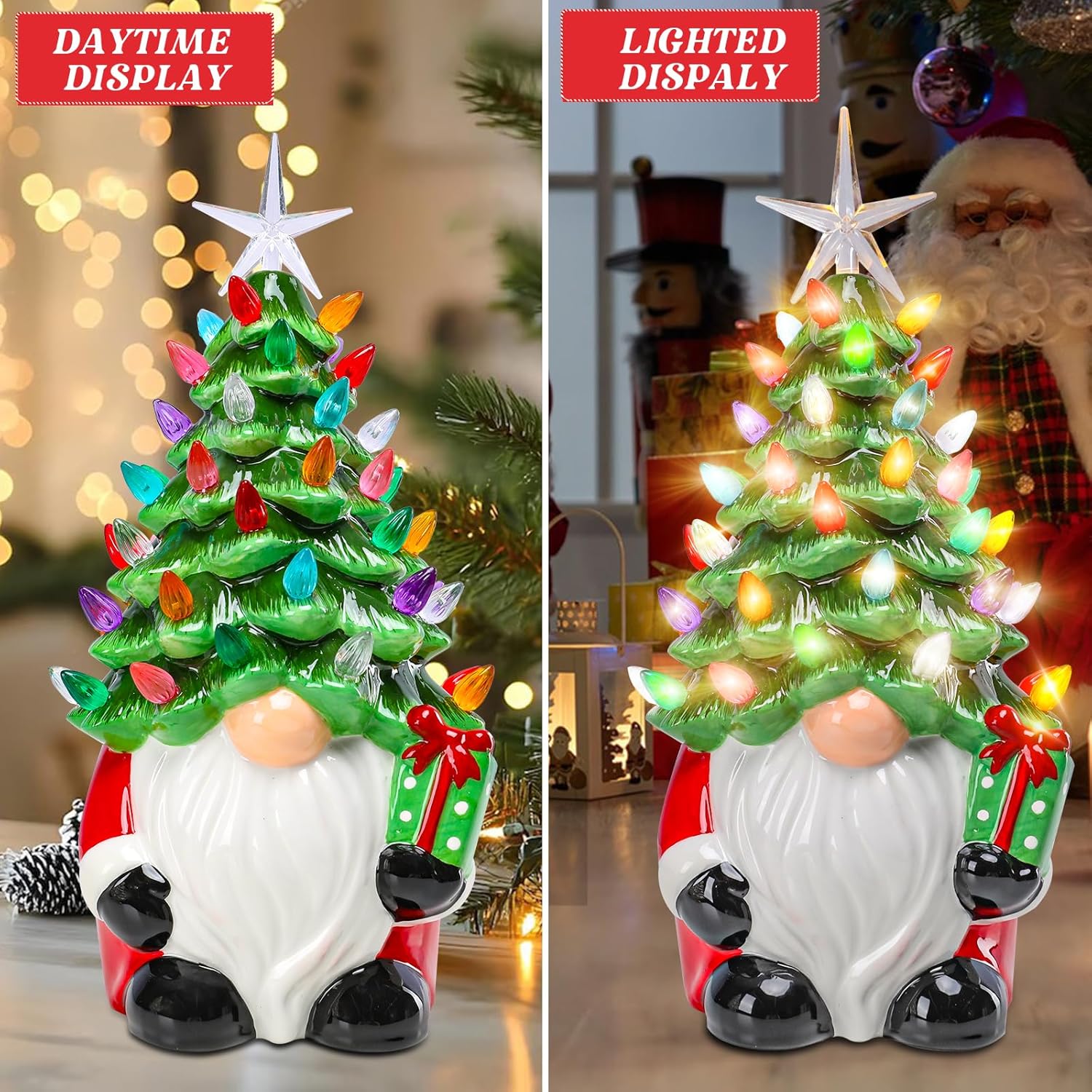 Vipush Ceramic Christmas Tree 11.2" Gnomes Vintage Ceramic Tree with Star and Multi-Color LED Lights for Xmas Indoor Desk Centerpiece Decor, Green - Image 3