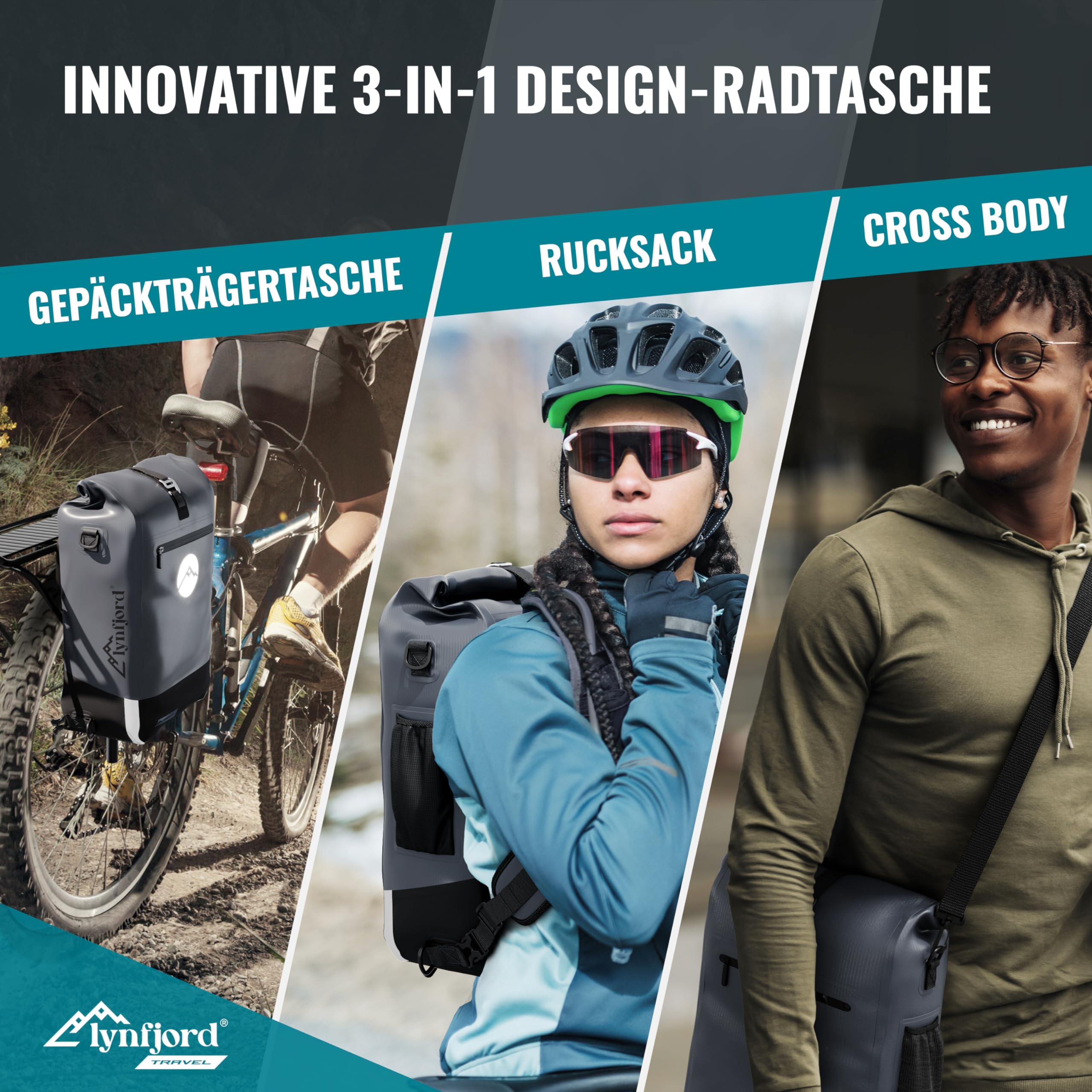 Travel Trek 25 Fahrradtasche 3in1 - optimierte Gepäckträgertasche, Rucksack, Cross Bag - wasserdicht - Rückenpolster - Helmnetz - Schnelleinhängung - Laptoptasche - Rückwand - Fiord