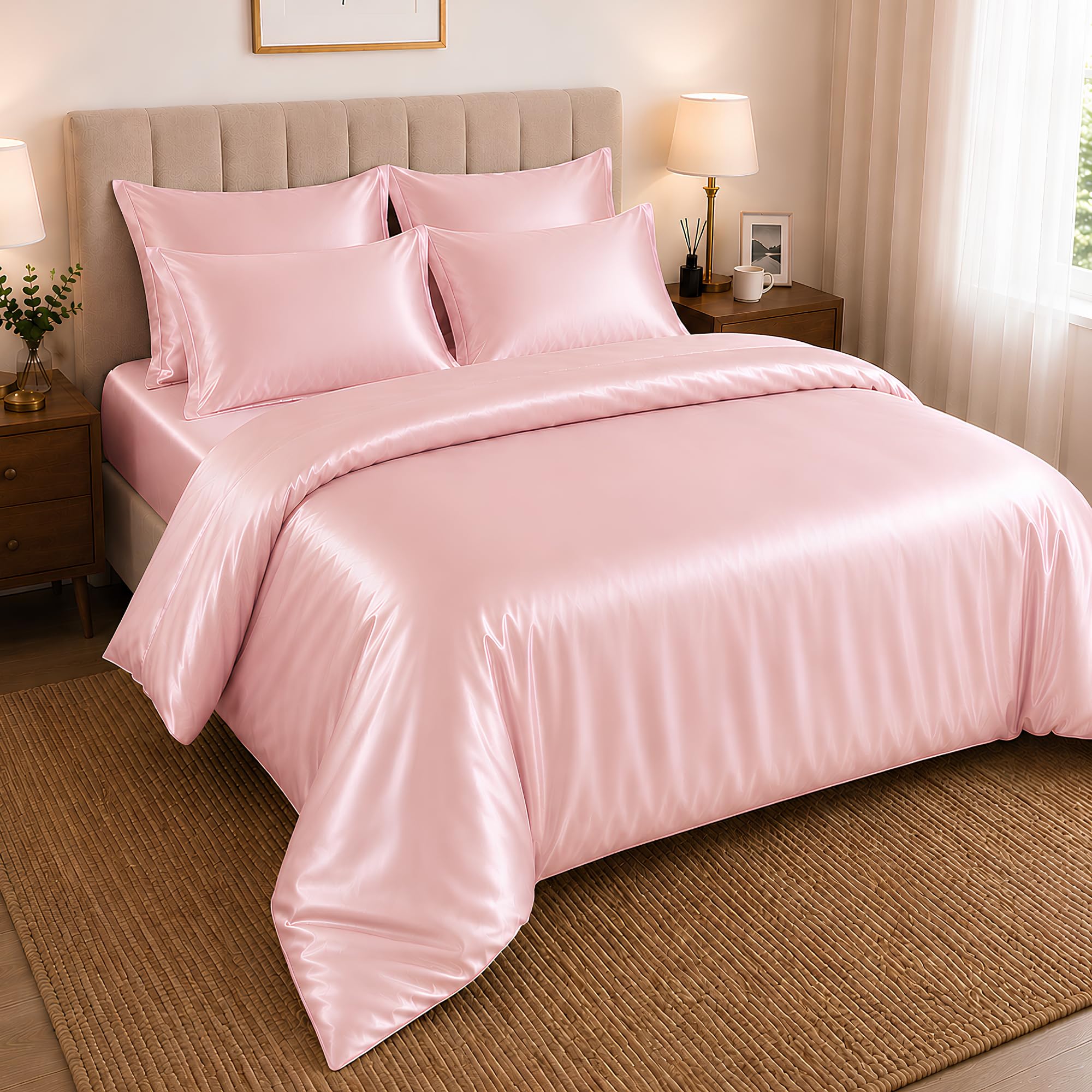 Hadi London Satin Silk 6 Piece Complete Bedding Set with Silky Deep Fitted Sheet Reversible Duvet Cover Comforter & 4 Pillowcases for Single Double King Super King Size Bed (Baby-Pink, Super King)
