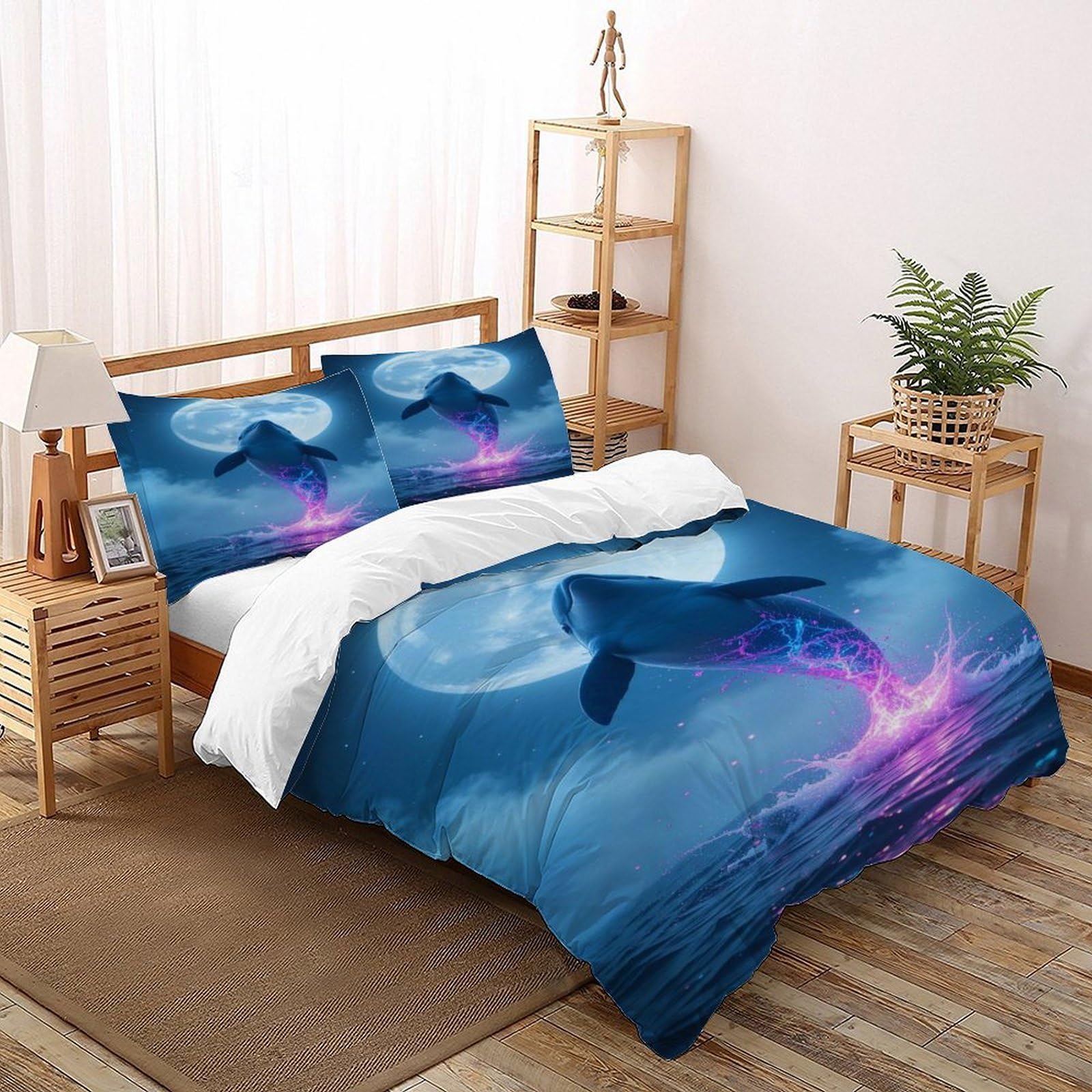 Housse de couette 3 pièces finitions soignées en microfibre double motif lune marine