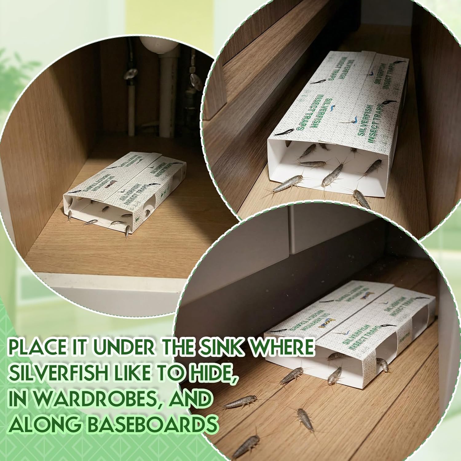 96 Traps Silverfish Traps 48 Sheets Silverfish Killer Indoor Non Toxic Sticky Insect Killer with Dual Color Pattern Lure for Crawling Detachable Use as 96 Small or 48 Large