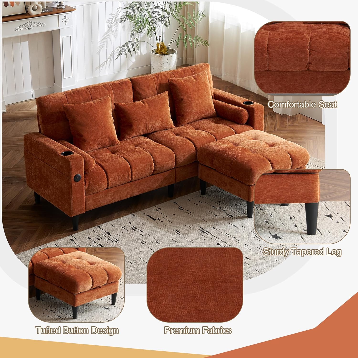 L Shaped Couch Sofa with Storage Ottoman, Sectional Couches for Living Room with USB & Cup Holders, Chenille Deep-Seated Convertible Sofa Furniture Sets for Apartment (Orange)