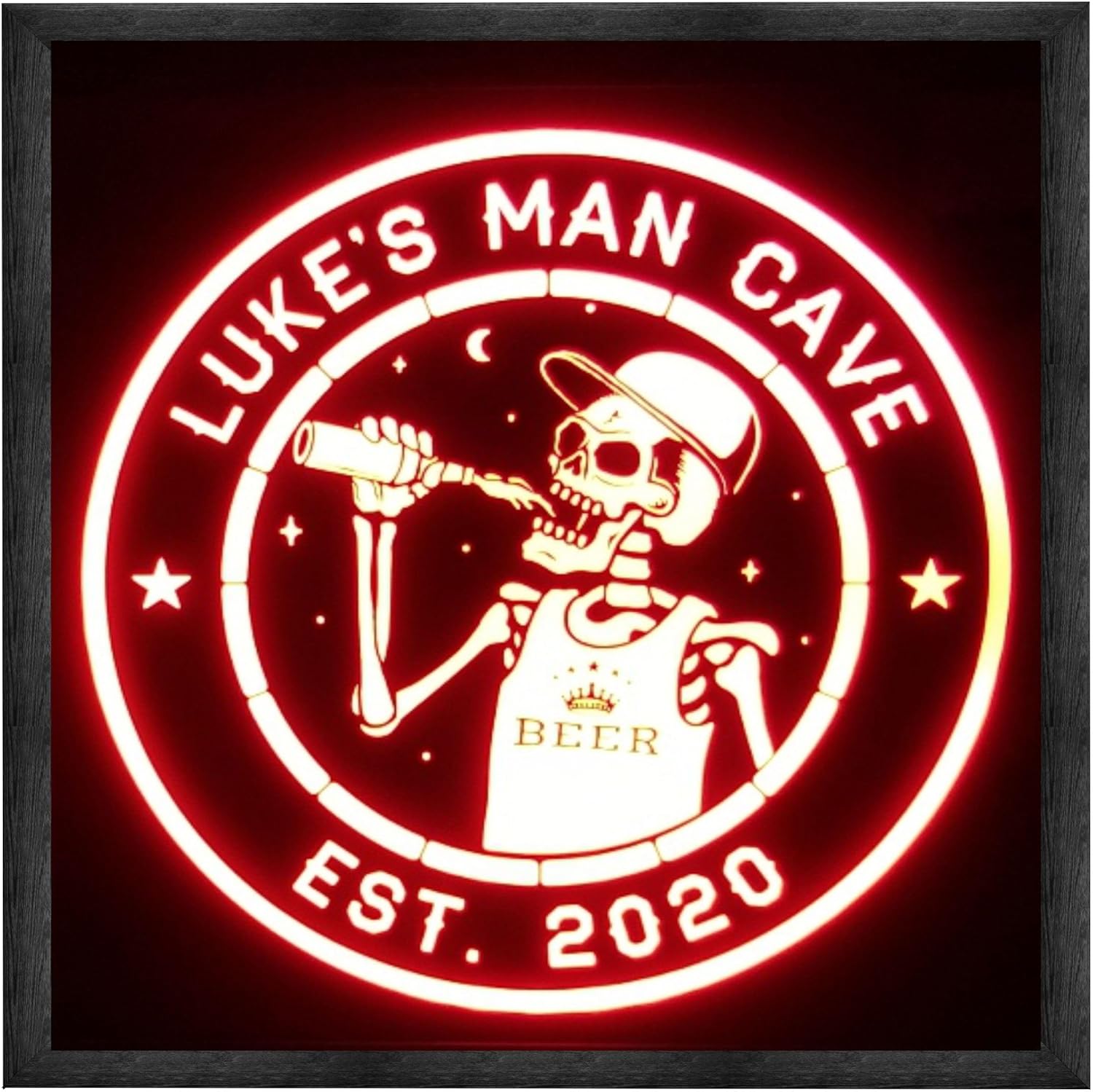 Personalized Beer Sign LED – Skeleton Bar Light for Man Cave Decor – 12x12 Wood Frame - RGB -Remote Control by Bones & Smoke Co