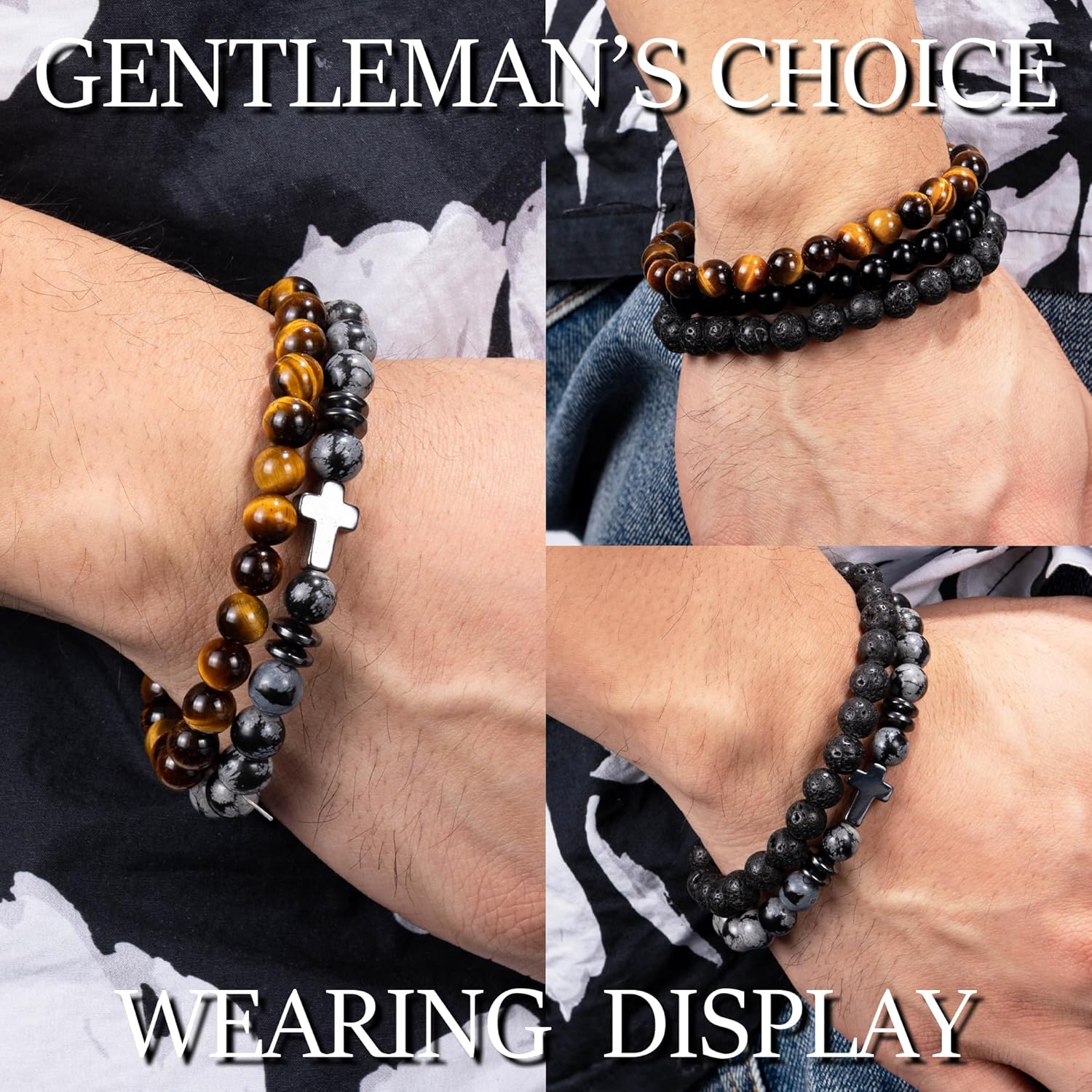 Men Beaded Bracelets, 8mm Natural Stone Bracelet, Healing Crystal, Jewelry Gifts for men, Triple Protection, Tiger Eye, Black Obsidian Beads Bracelets, Lava Rock, Pack of 4 - Image 6
