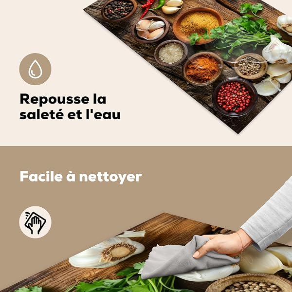 KitchenYeah© Decorative Hob Cover for Kitchen Induction Protection 85 x 52 cm Herbs Spices Basil Wood Print Garlic - 4