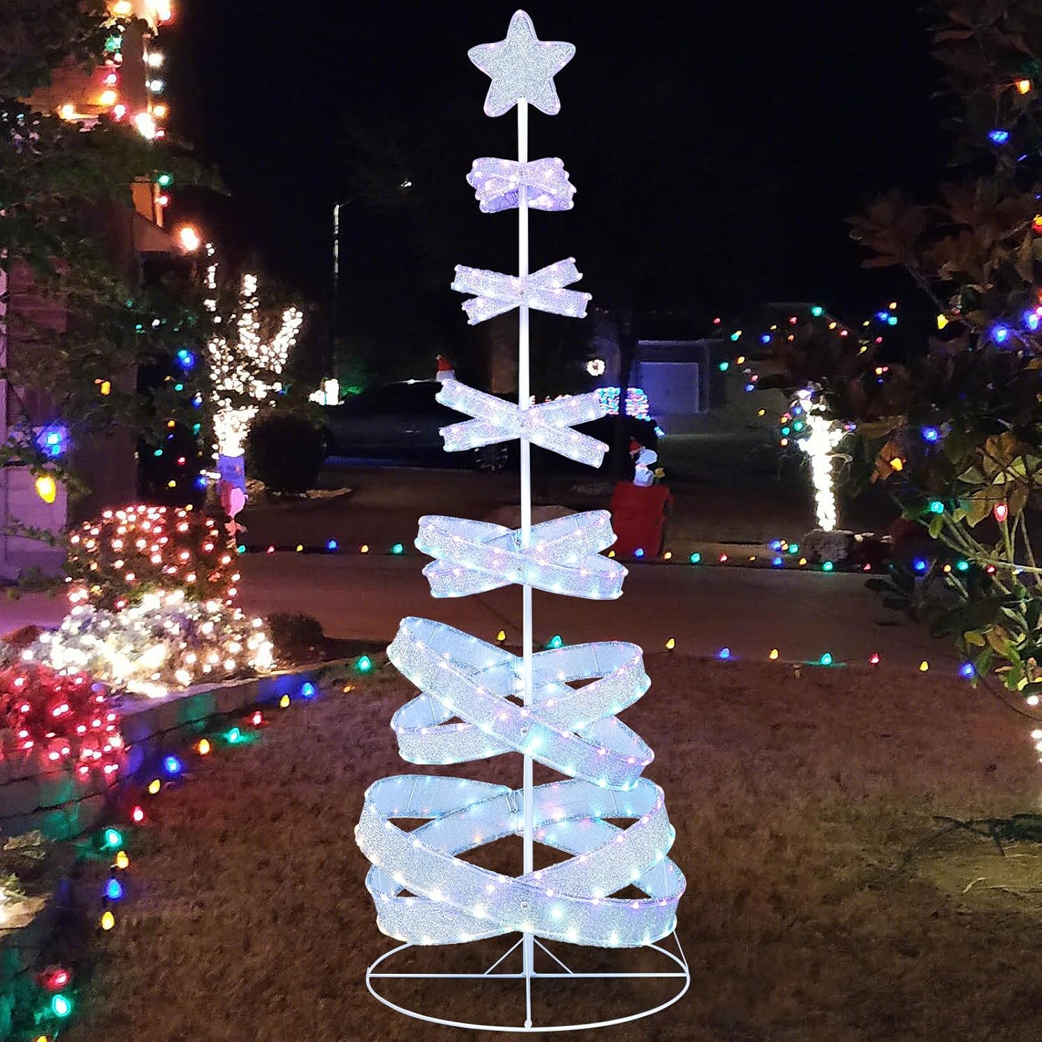 GOFLAME 7FT Pre-lit Spiral Christmas Tree, Lighted Artificial Xmas Tree with 341 LED Lights, 34 Lighting Modes, Collapsible Spiral Tree for Garden Lawn Party Indoor Outdoor Holiday Decoration