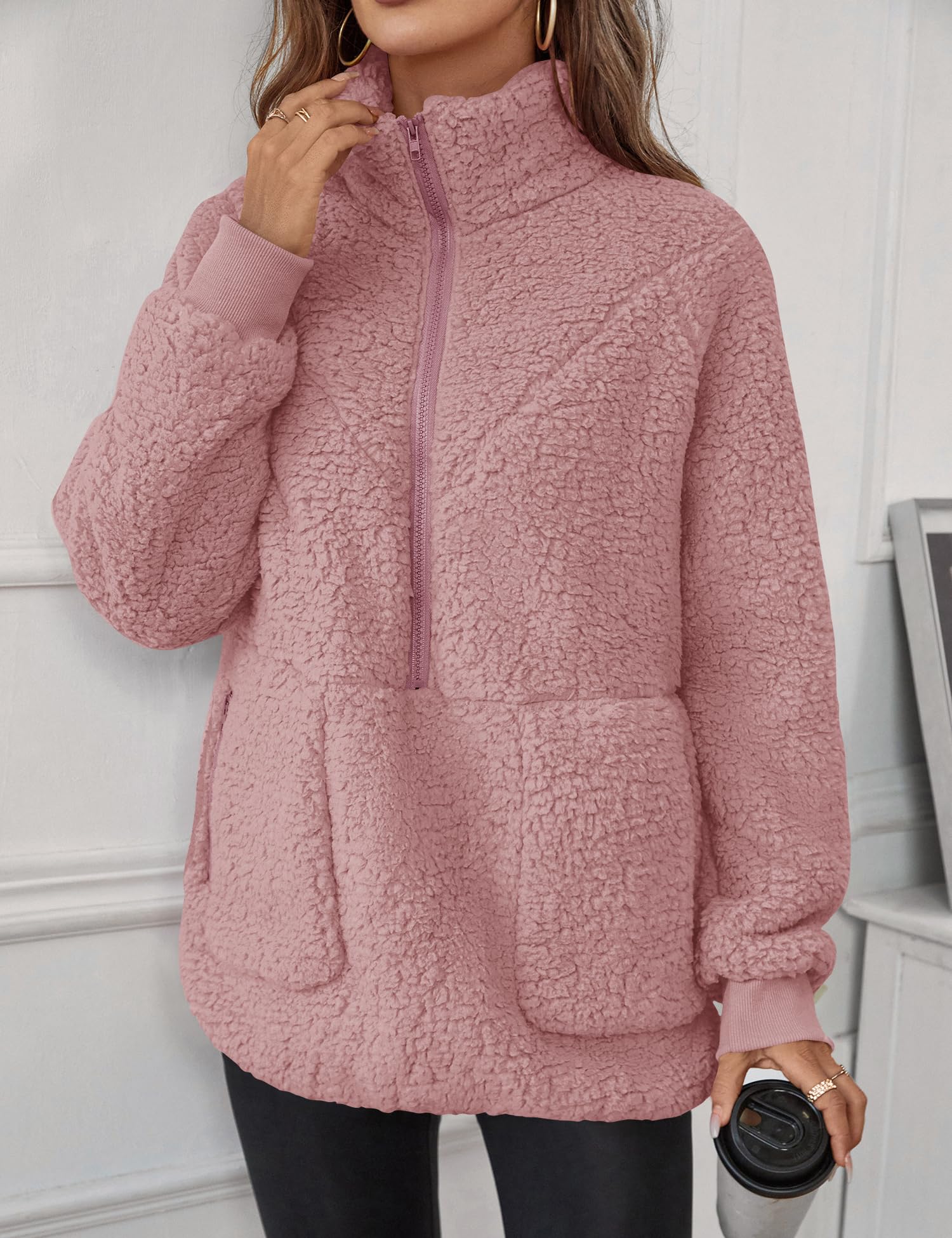 Rapbin Pull à demi-fermeture éclair pour femme - Veste polaire Sherpa pelucheuse - Vêtement d'extérieur chaud avec poches - Tailles S-XL