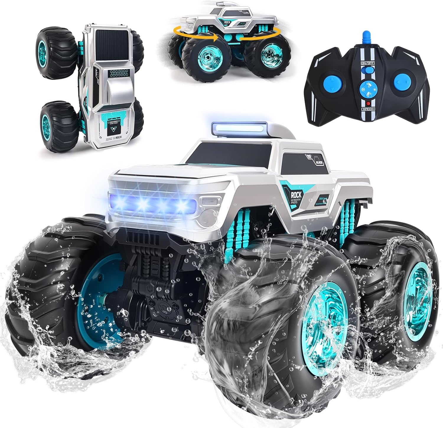 Waterproof Amphibious Remote Control Truck for Kids, Gyroscope Self-Balancing Monster Truck with Wheelie Stunts, LED Lights, All-Terrain RC Car for Boys Girls Ages 6–12, Outdoor Pool Toy Gift