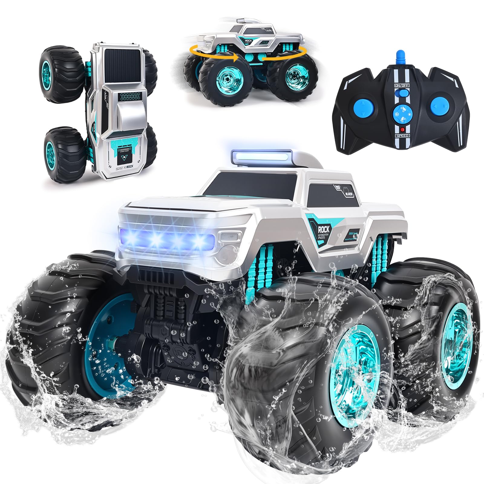 Waterproof Amphibious Remote Control Truck for Kids Gyroscope Self-Balancing Monster Truck with Wheelie Stunts LED Lights All-Terrain RC