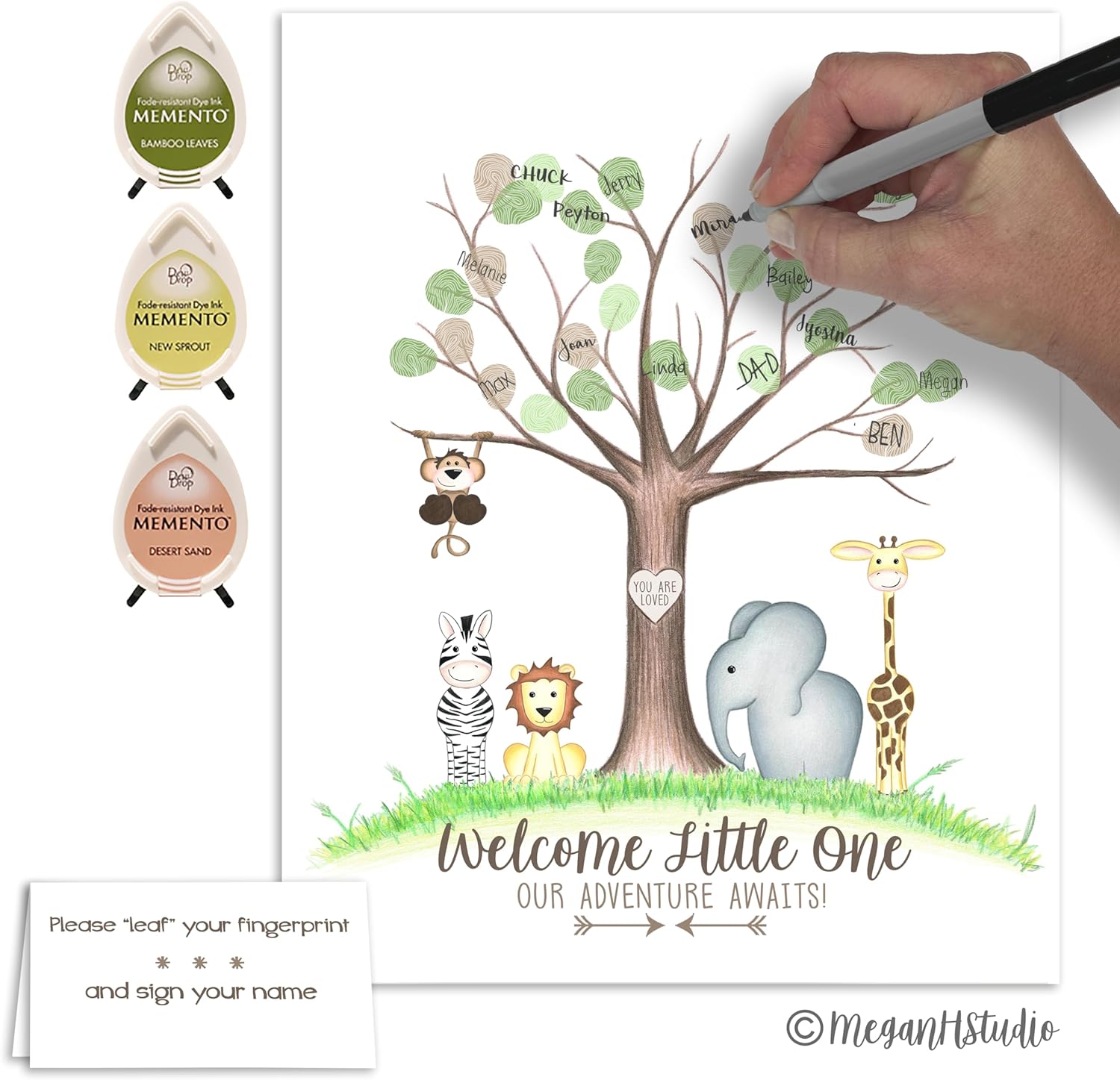 Jungle Safari Baby Shower Fingerprint Tree, Gender Neutral Jungle Safari Animal Thumbprint Tree Set with Ink Pads and Pen, 11x14 Inches