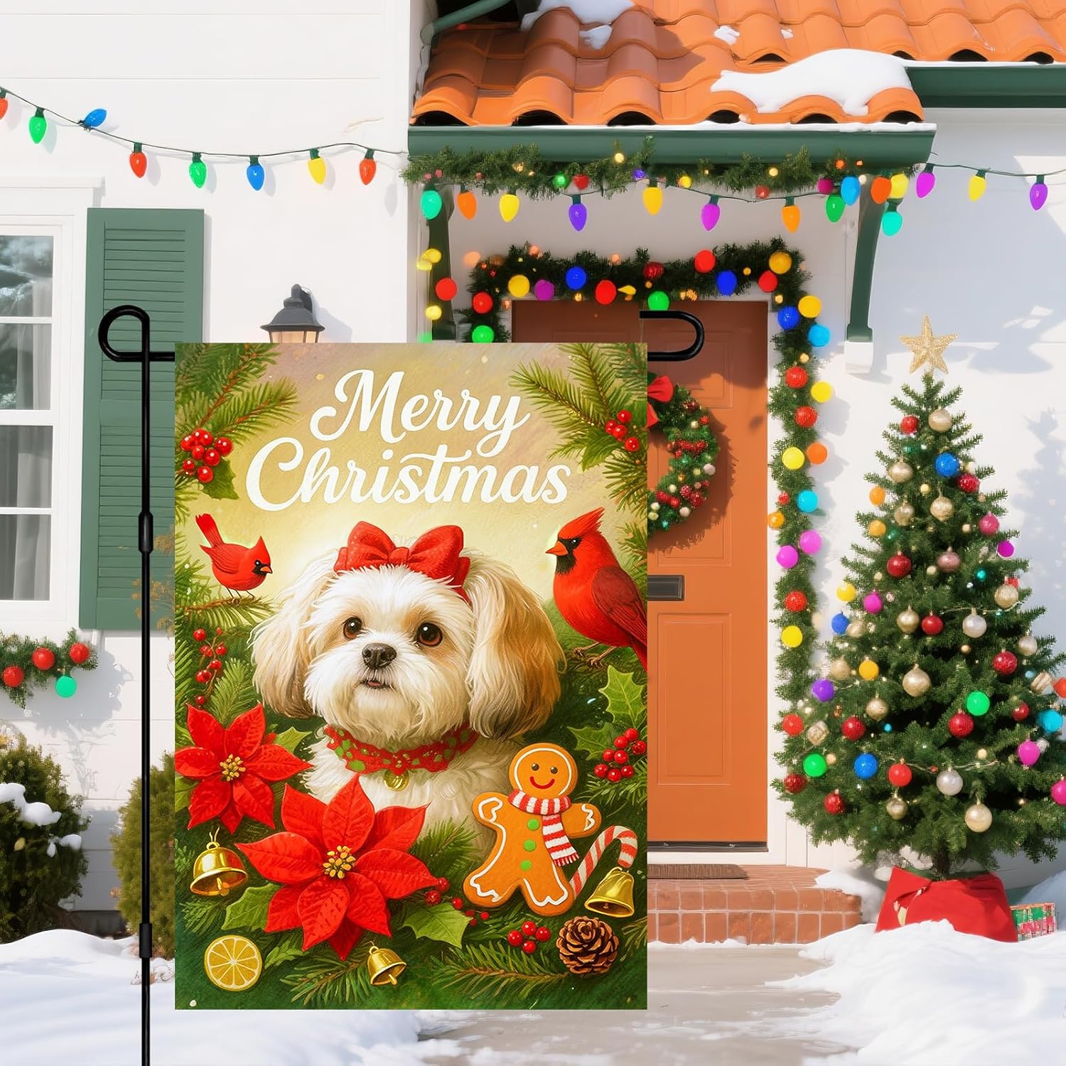 IVN Christmas Garden Flag 12x18 Inch Double Sided Shih Tzu Dog with Poinsettia Flowers Red Birds and Gingerbread Man Christmas Outdoor Yard Flag for Outside Home Front Door Lawn Porch Patio Welcome Decor - Image 5