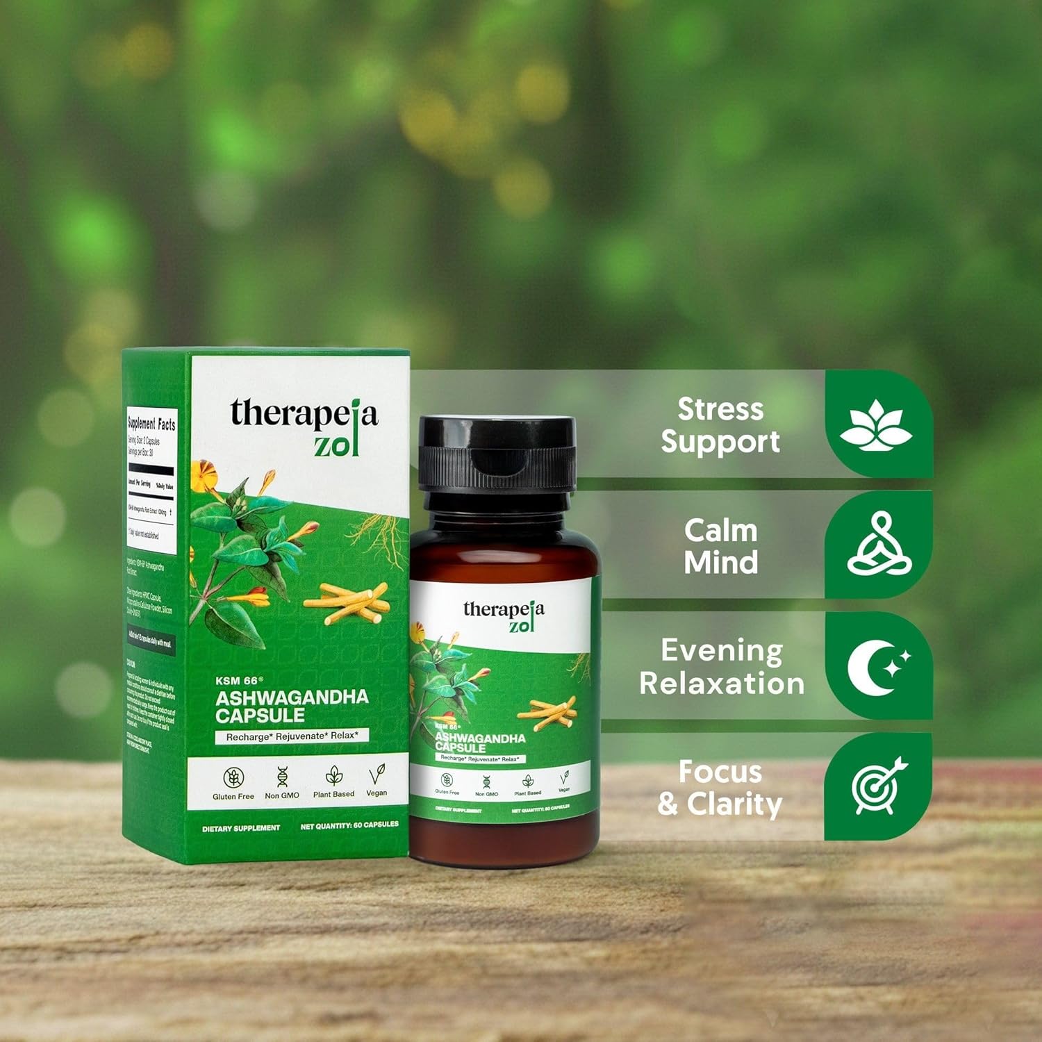 Ashwagandha KSM-66 Capsules for Men and Women - Ashwagandha Supplements for Stress Support, Calm Mood, Relaxation and Sleep - Premium Herbal Supplements, Vegan, Non-GMO, 60 Count