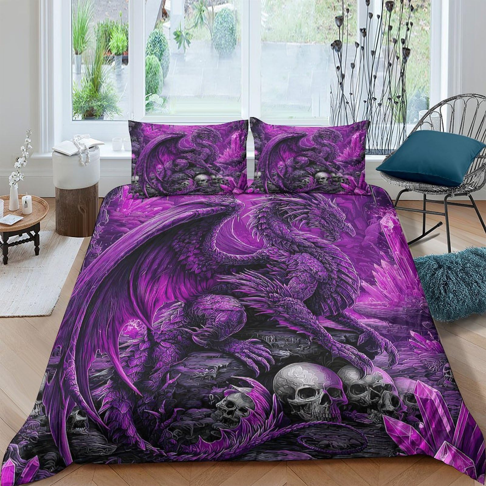 Ctjqhvkz Style-9 3D Printed Purple Gothic Skull Fitted Sheet Microfiber Soft Decorative Dragon Mattress Cover For Bedroom Adult Teen Dorm Single（135X200cm）