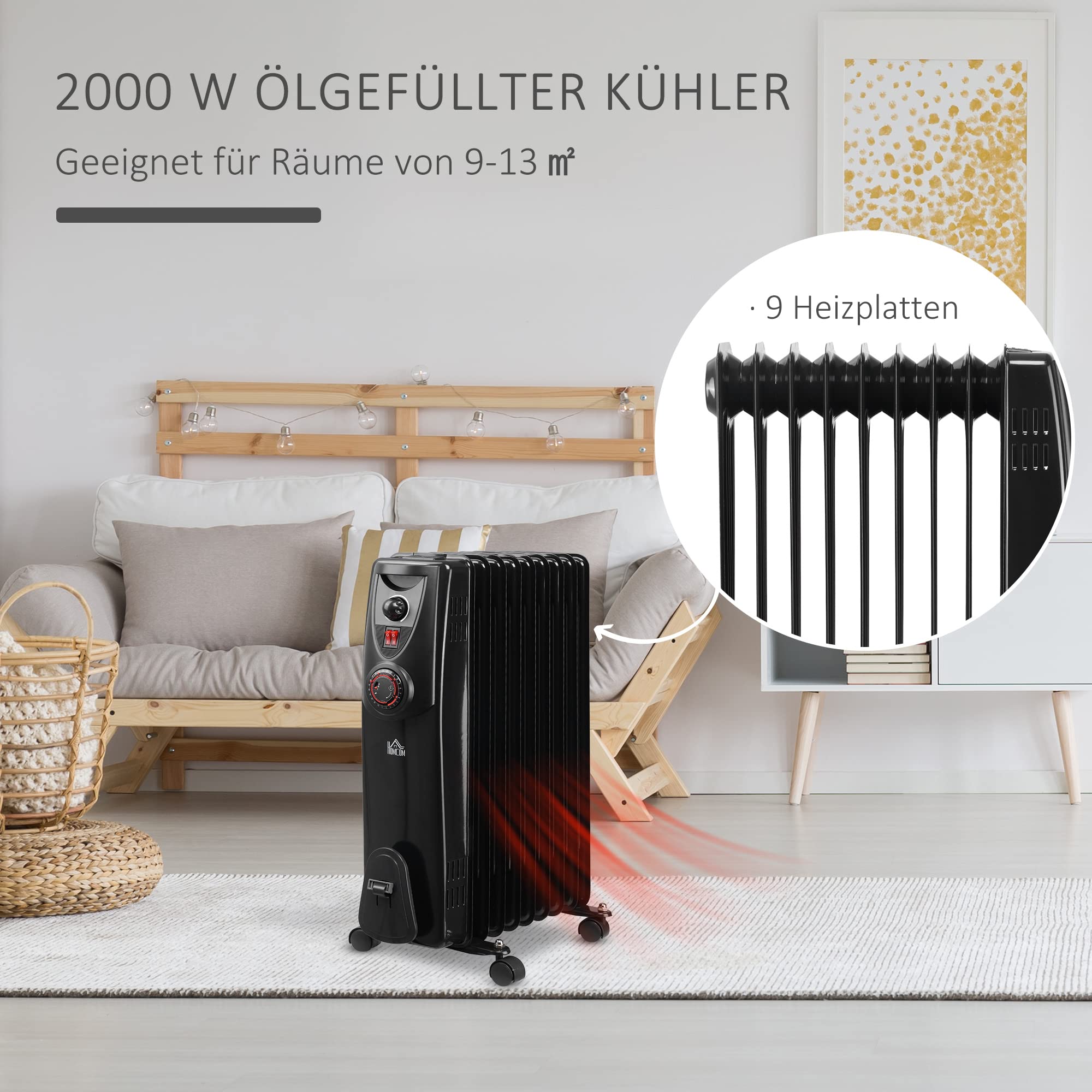 HOMCOM Oil Radiator Portable Electric Radiator 2000W 3 Heat Settings  24-Hour Timing Electric Heater 9 Heating Plates with 4 Wheels Handle  Overheating Protection Black Steel 46.5 x 24.5 x 64 cm : Amazon.de: Home u0026  Kitchen