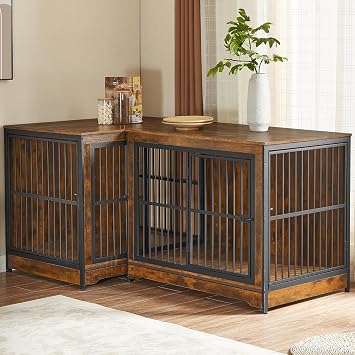 Rovibek 86" Stackable Dog Kennel Furniture with Removable Divider & 3 Doors, Double Dog Crates Furniture for 2 Dogs, Corner Dog Crate Furniture, Rustic Brown