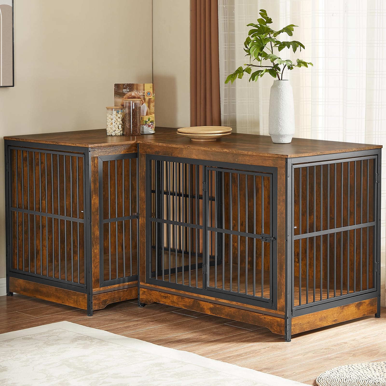 Photo 1 of ***STOCK PHOTO FOR REFERENCE ONLY*** Rovibek 86" Stackable Dog Kennel Furnitures, Corner Dog Crate Furniture, Rustic Brown