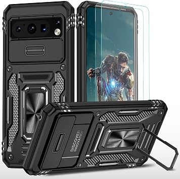 YmhxcY For G-Google Pixel 8 Pro Case, With [Screen Protector Film*2] 360  Rotate Metal Stand,Slide Camera Cover,Sturdy Case[Military Grade] For Google Pixel 8 Pro-Black