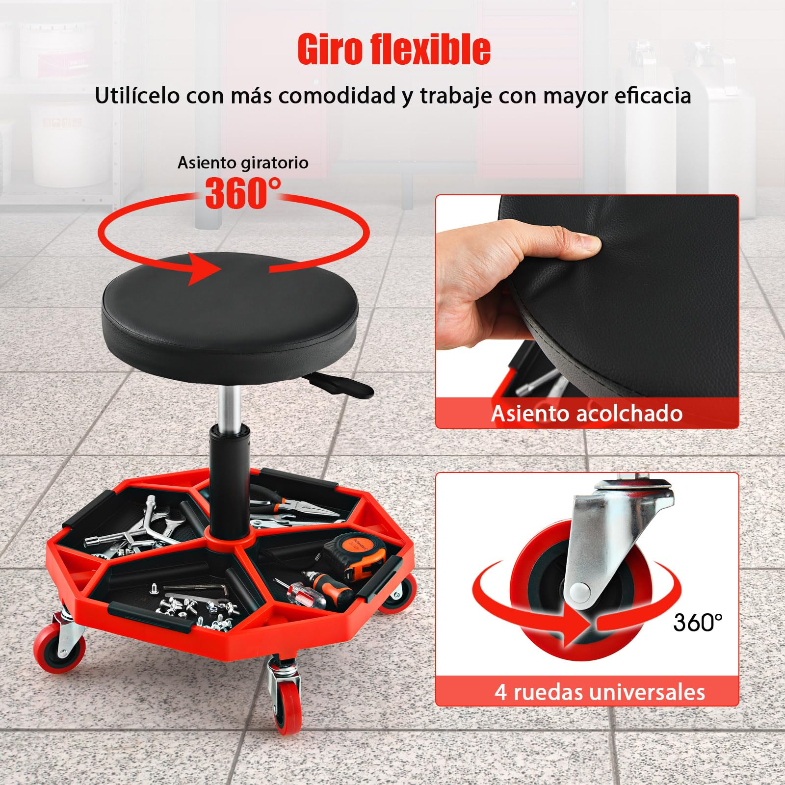SOARS Taburete de Montaje Móvil, Taburete de Taller Regulable en Altura de 41 a 55 cm, Taburete Neumático Mecánico con Ruedas y Bandeja magnética extraíble para Herramientas, Carga 150 kg