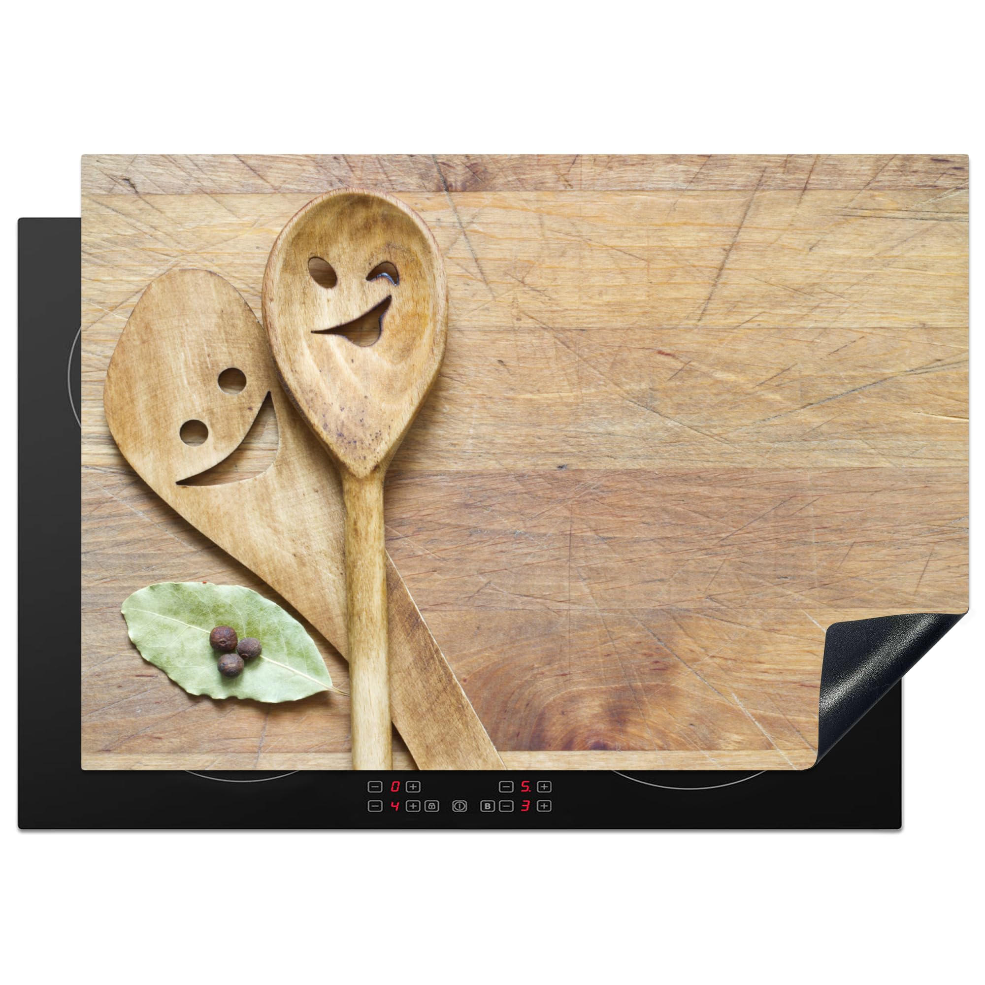 KitchenYeah© Induction Hob Protector Mat 20.5"x29.5" / 75x52 cm Stove Cap Top Cover Kitchen Cooker Covers for Electric Hobs Vinyl Wood - Spoons - Brown - Smiley