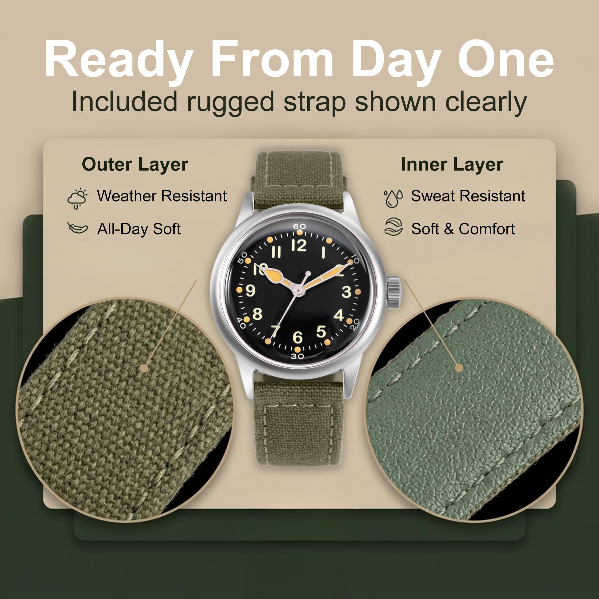 PRAESIDUS | 𝗔-𝟭𝟭 𝗦𝗲𝗿𝘃𝗶𝗰𝗲 𝗪𝗮𝘁𝗰𝗵 - Orologi da Polso da Uomo Militari - Quadrante Bianco da 38 mm e Cinturino in Tela Verde, Assemblato negli USA, Automatico