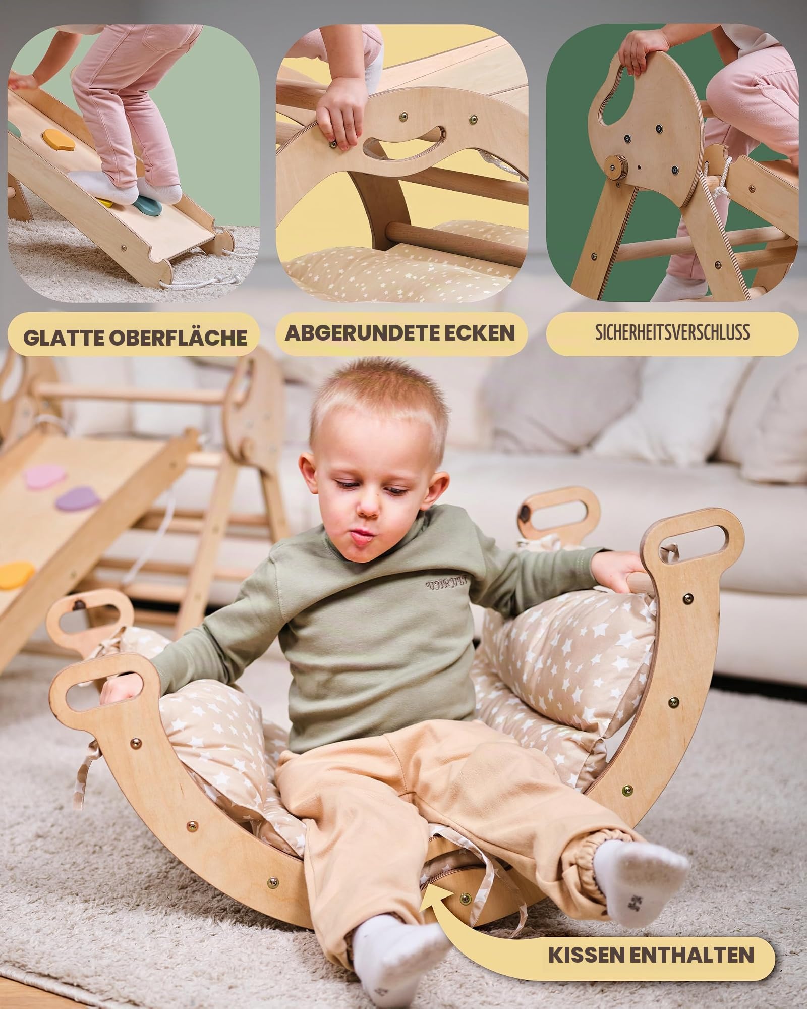 Goodevas Montessori Kletterdreieck Set | Klettergerüst Indoor Holz mit Dreieck, Wippe, Rutsche, Kissen & Kunst-Set, Umbaubar, 1-3 Jahre, Beige