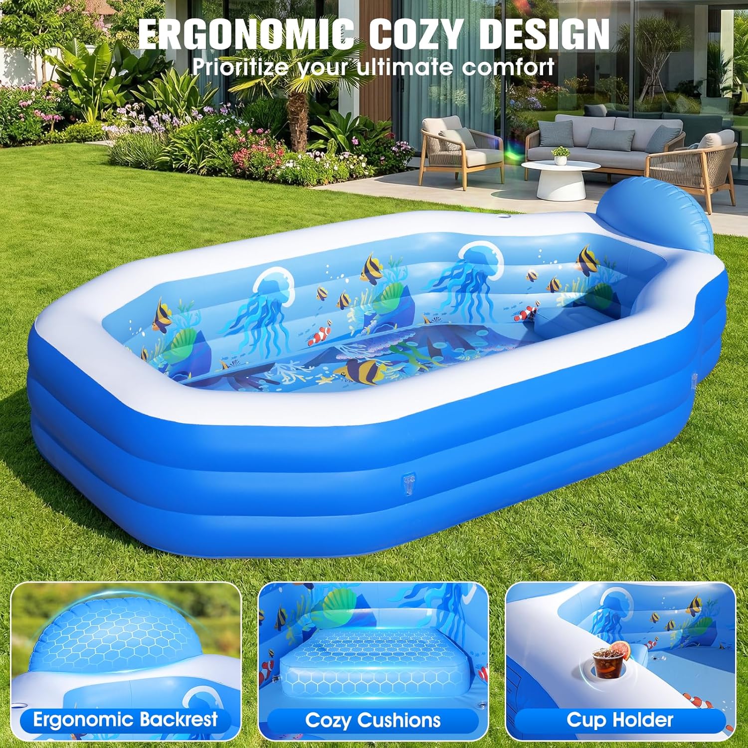 2026 Inflatable Pool with Canopy, Large Inflatable Pool,Adults, Blow Up Pools with Seats,Oversize Thickened 118"x75"x22"Inflatable Swimming Pools, Pool for Backyard,Ocean Theme-Yellow