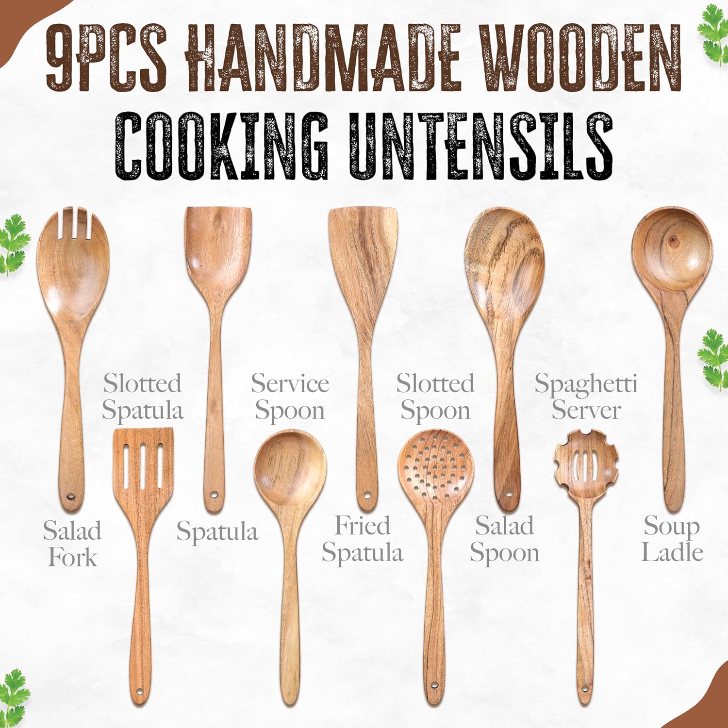 INTAJ Premium Teak Wooden Spoons for Cooking – 9-Piece Kitchen Utensils Set, Durable & Nonstick Safe, Eco-Friendly,Ergonomic Stir, Mix, Scrape & Serve – Ideal for Nonstick,Cast Iron & Ceramic Cookware