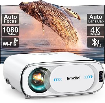 [AI Auto Focus/Auto Lens Cap] Outdoor-Projector-4K with WiFi 6 and BluetoothPortable Projector with Auto 6D Keystone & Zoom, Jimveo Native 1080P Movie Proyector 2026 Upgraded