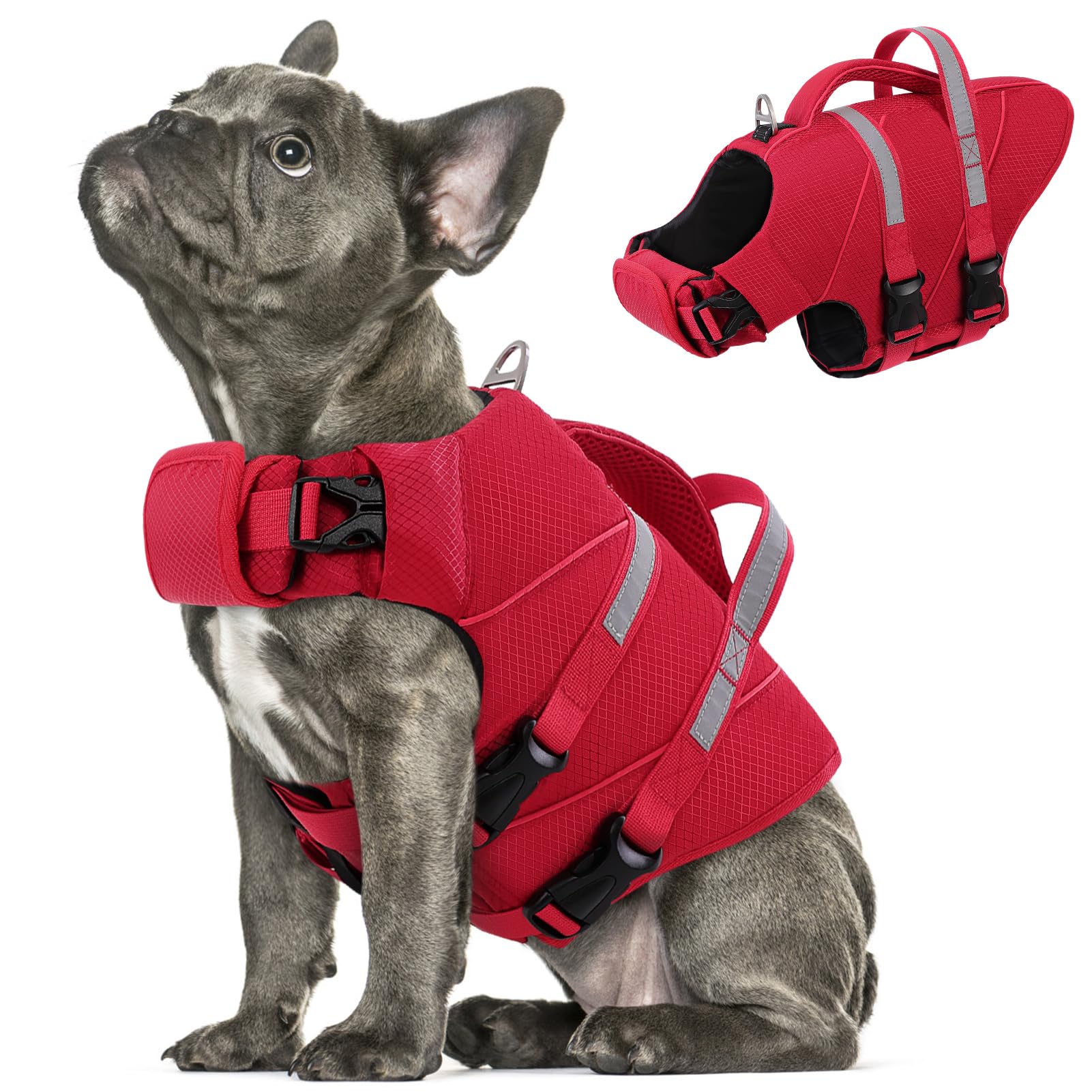 Queenmore Dog Life Jacket Medium Reflective Pet Swimming Vest Lightweight &Adjustable Dog Float Jacket With Rescue Handle for French Bulldog,Dachshund,Pug (Red, M)