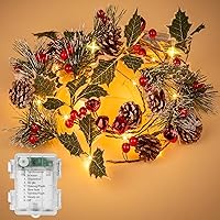 Vista 1 de Crafare Guirnalda de Navidad de 6 pies con Piñas, Luces de Cadena con 20 LED de Bayas Rojas, Luces de Guirnalda de Piñas, Luces de Cadena LED